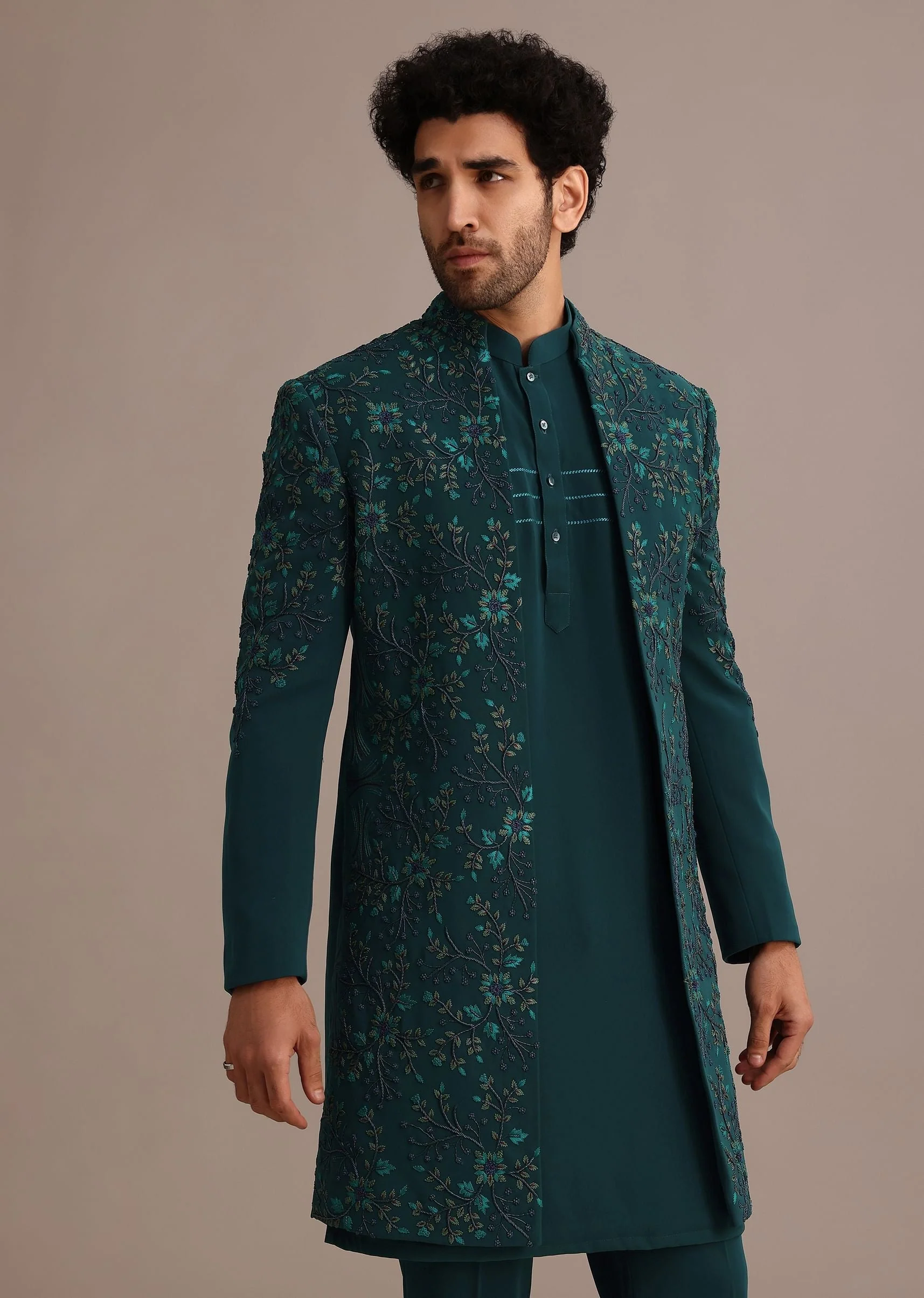 Green Hand Embroidered Indo Western Suit - Image 3