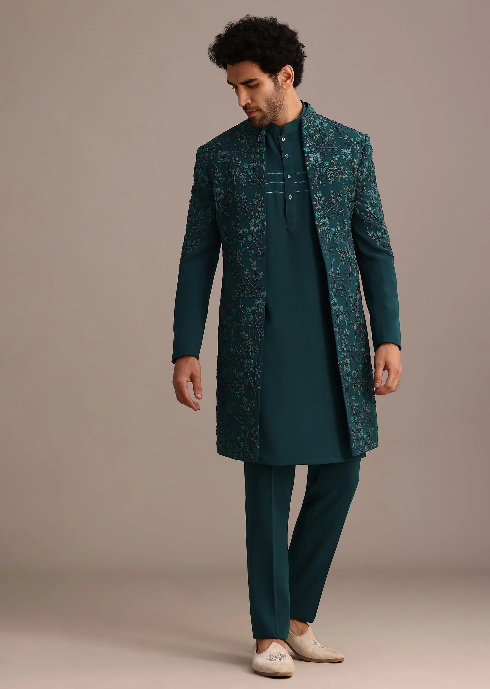 Green Hand Embroidered Indo Western Suit - Image 4