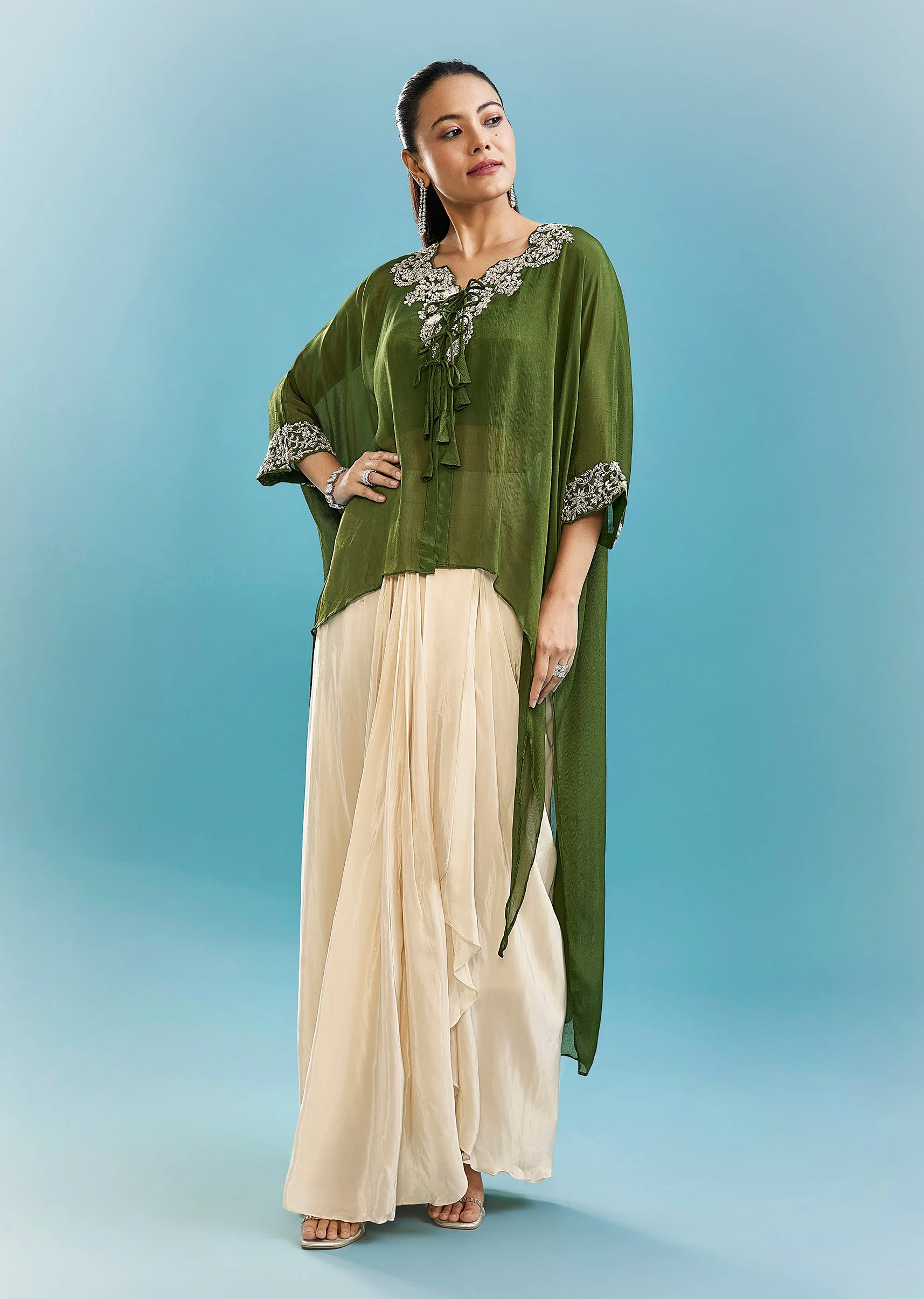 Green Indo-Western Drape Skirt Set With Cut Dana And Beads Work Cape