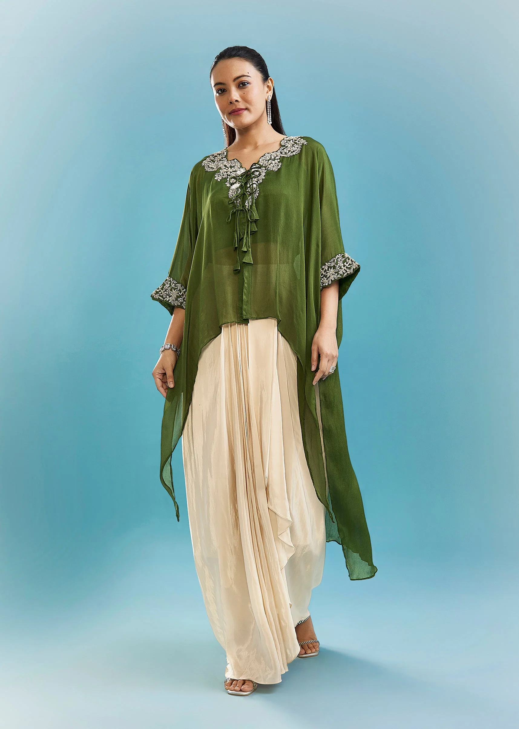 Green Indo-Western Drape Skirt Set With Cut Dana And Beads Work Cape - Image 3