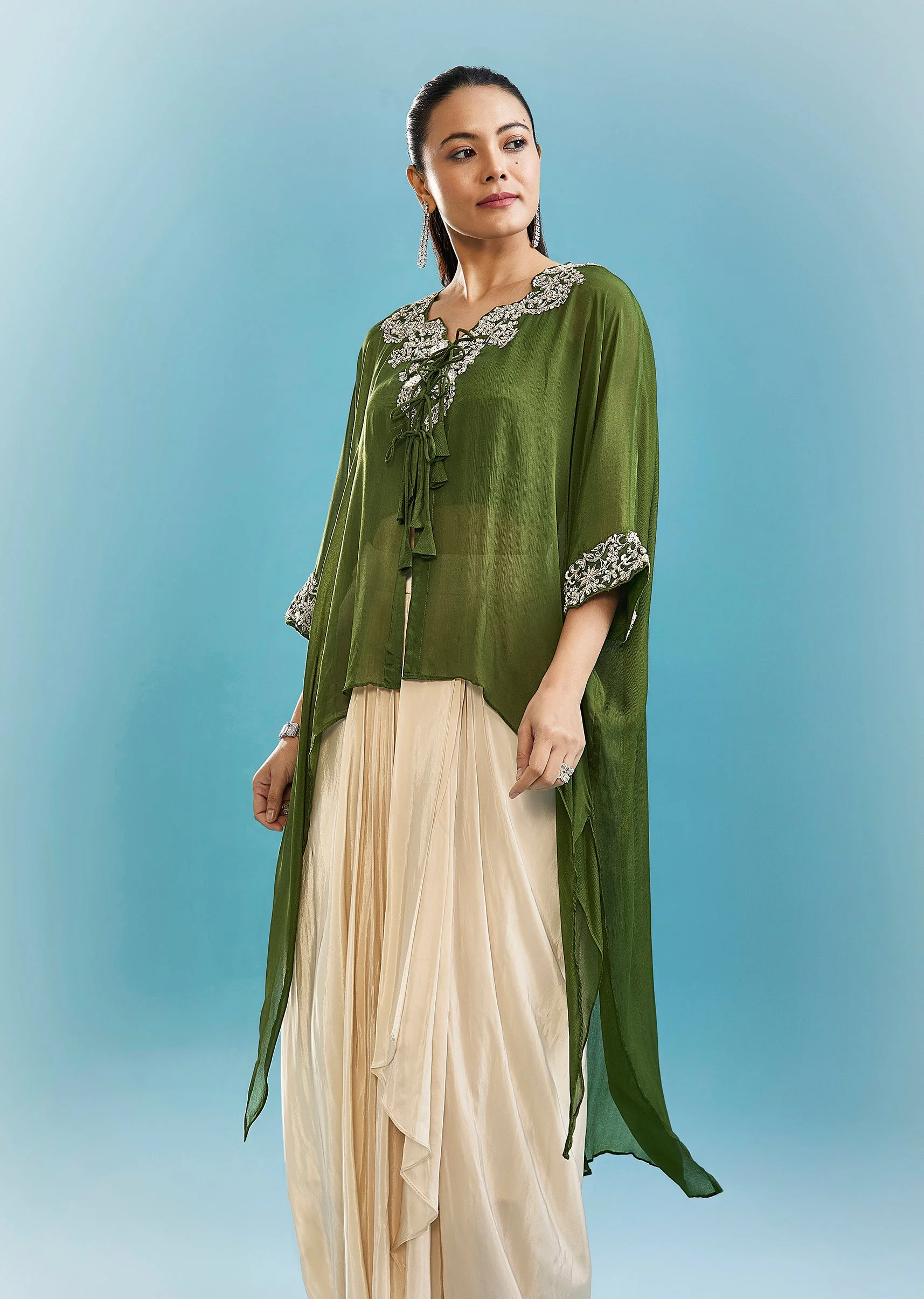 Green Indo-Western Drape Skirt Set With Cut Dana And Beads Work Cape - Image 4