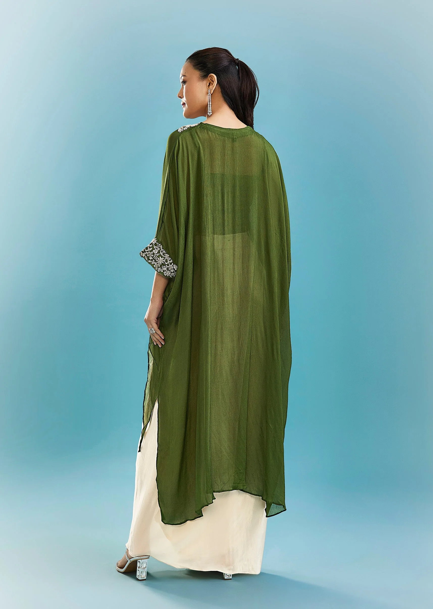 Green Indo-Western Drape Skirt Set With Cut Dana And Beads Work Cape - Image 5