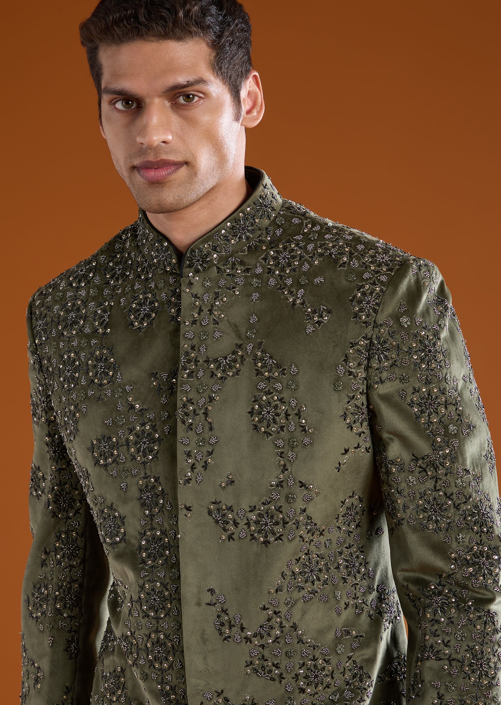 Green Indowestern Velvet Set with Bead Work - Image 2