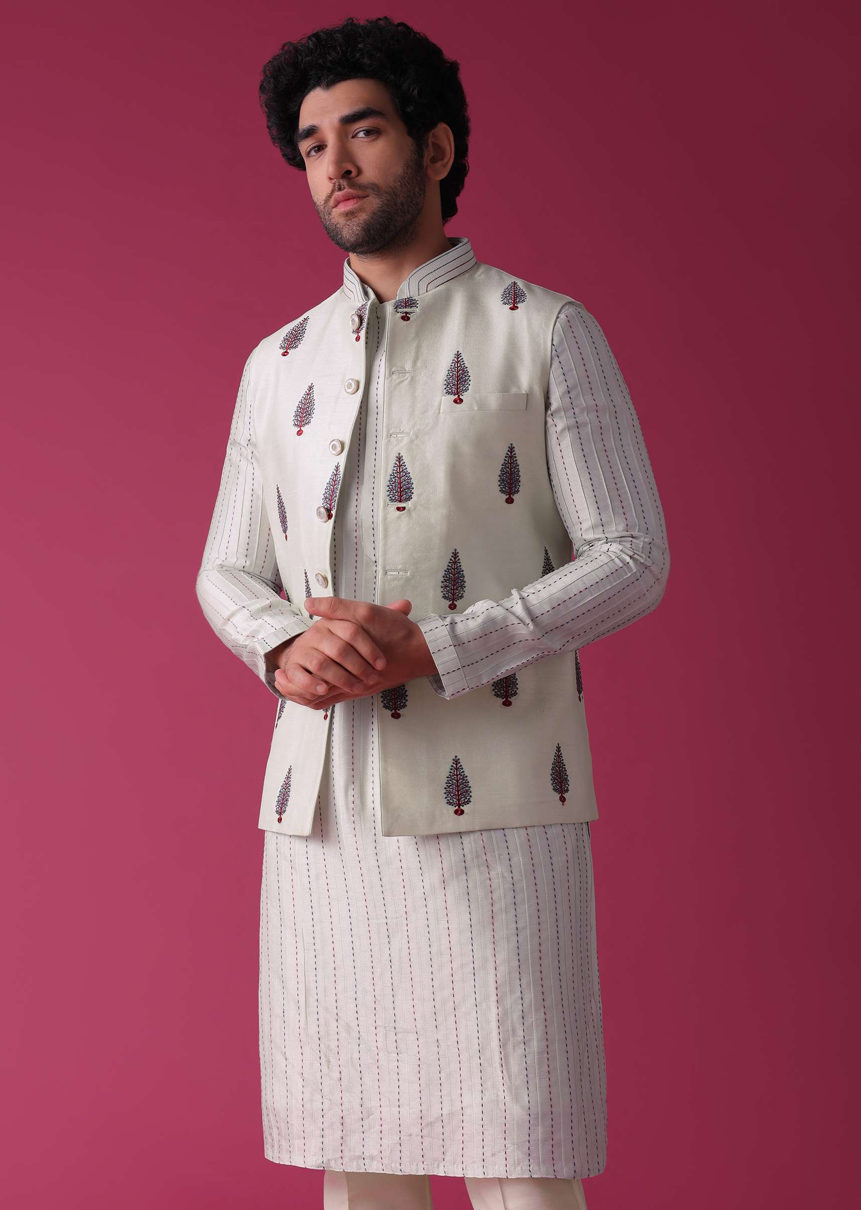 Green Jacket Kurta Set In Art Silk With Threadwork - Image 2