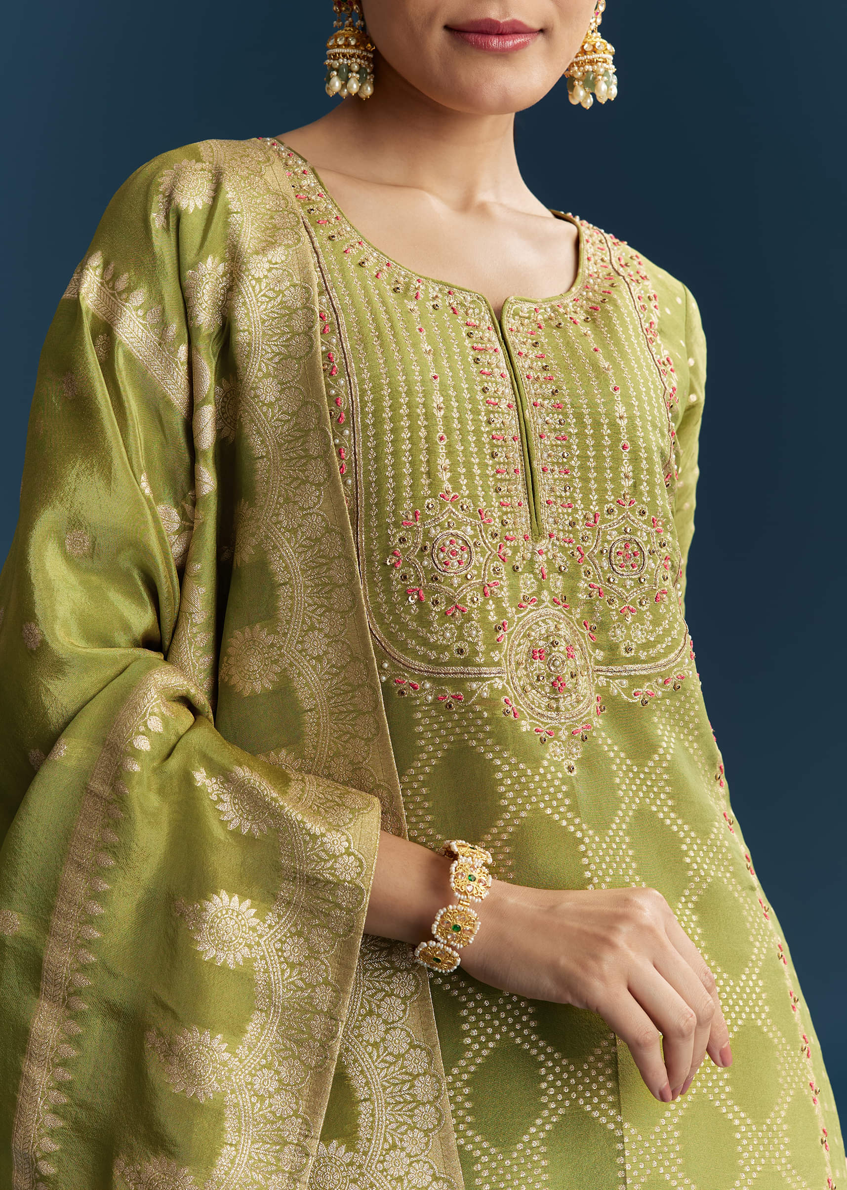 Green Jacquard Palazzo Suit With Banarasi Jacquard Weave - Image 2