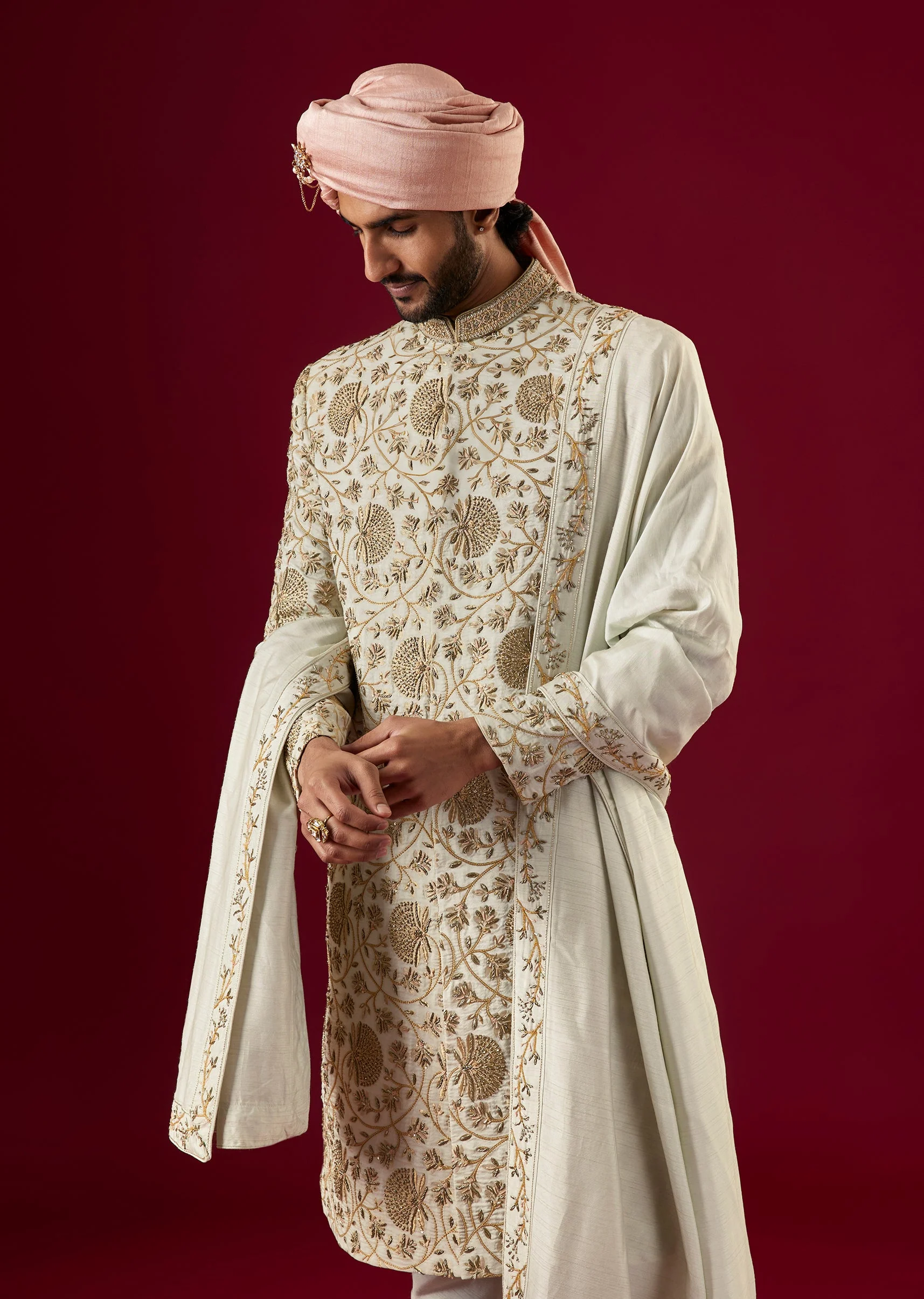 Green Jacquard Silk Sherwani Set With Zardosi Work - Image 2