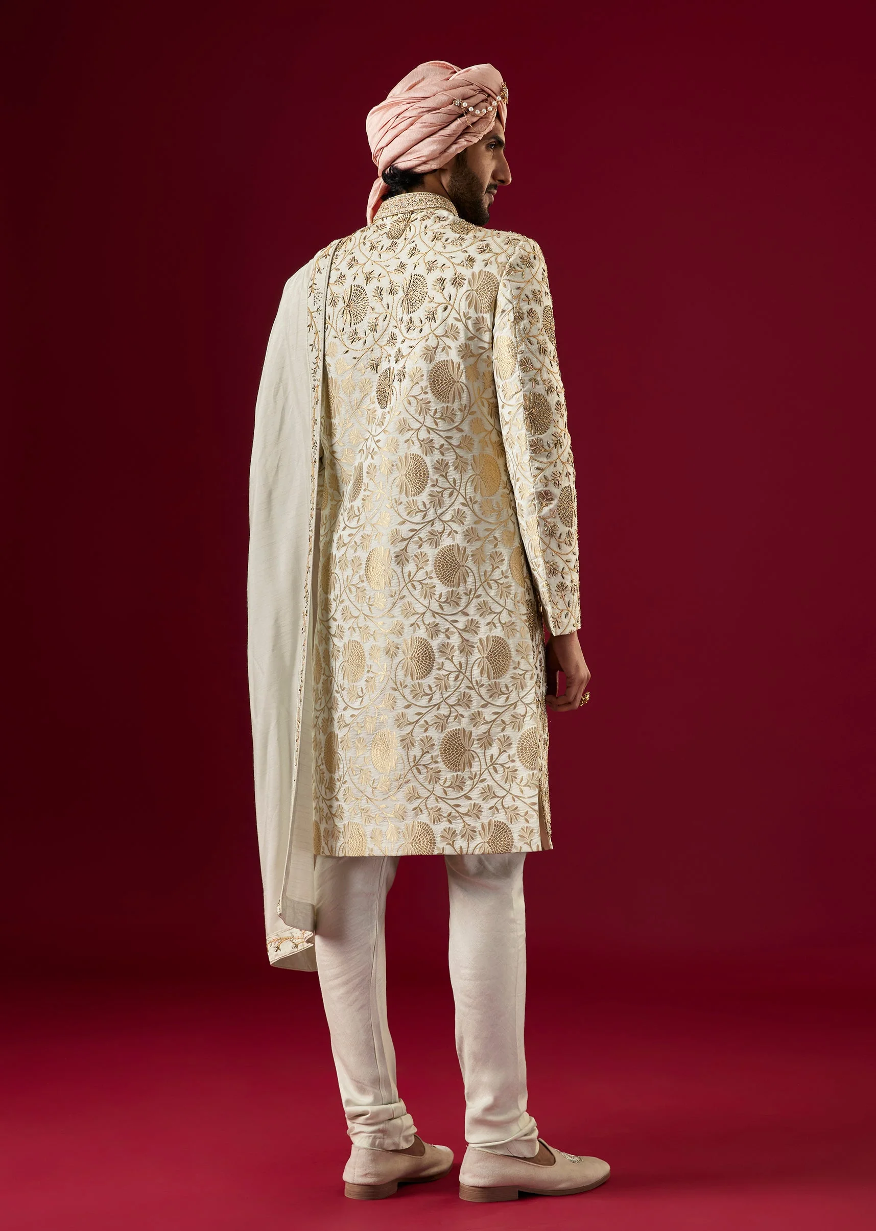 Green Jacquard Silk Sherwani Set With Zardosi Work - Image 6