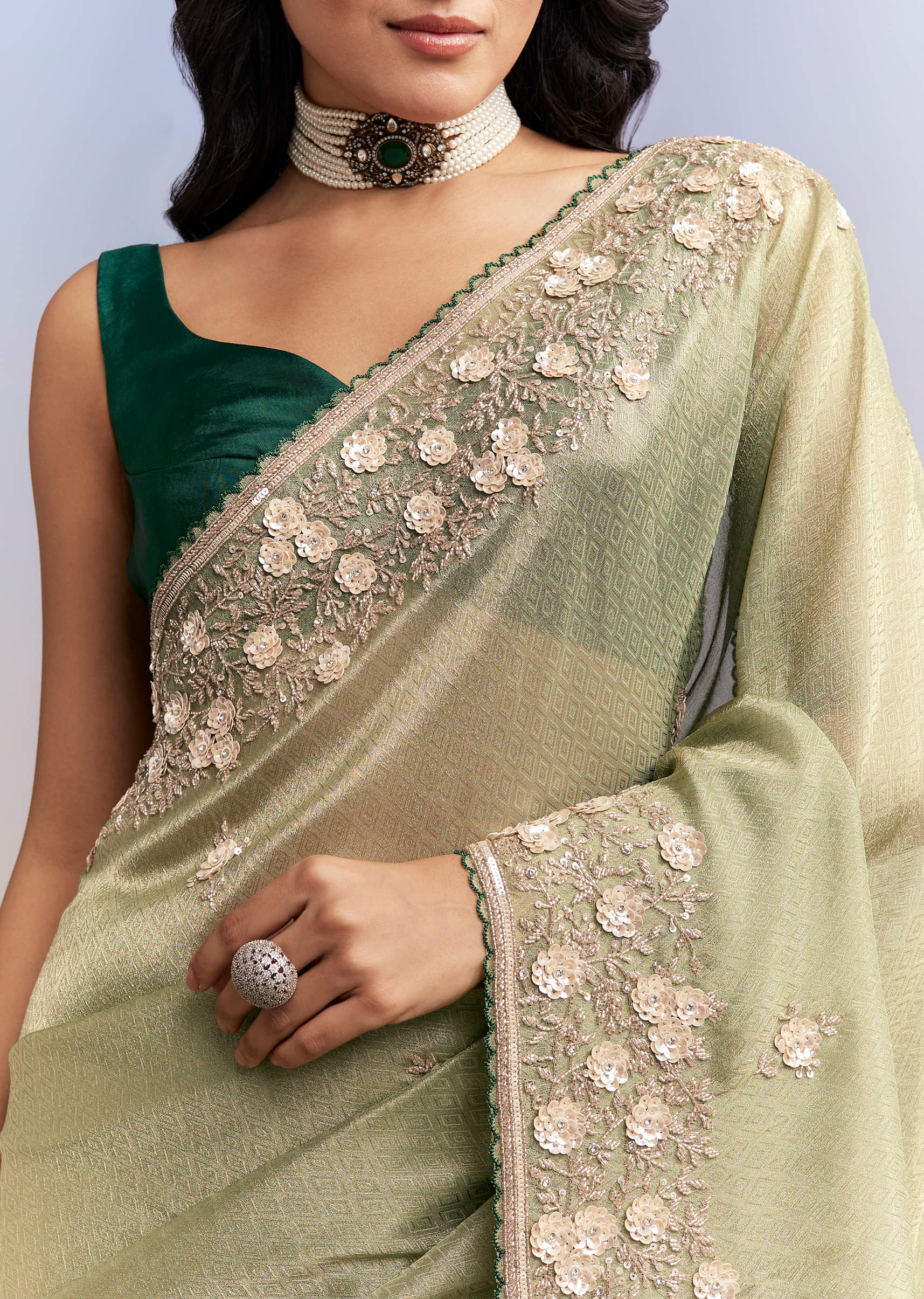 Green Jacquard Tissue Saree With Heavy Hand Embroidery - Image 2