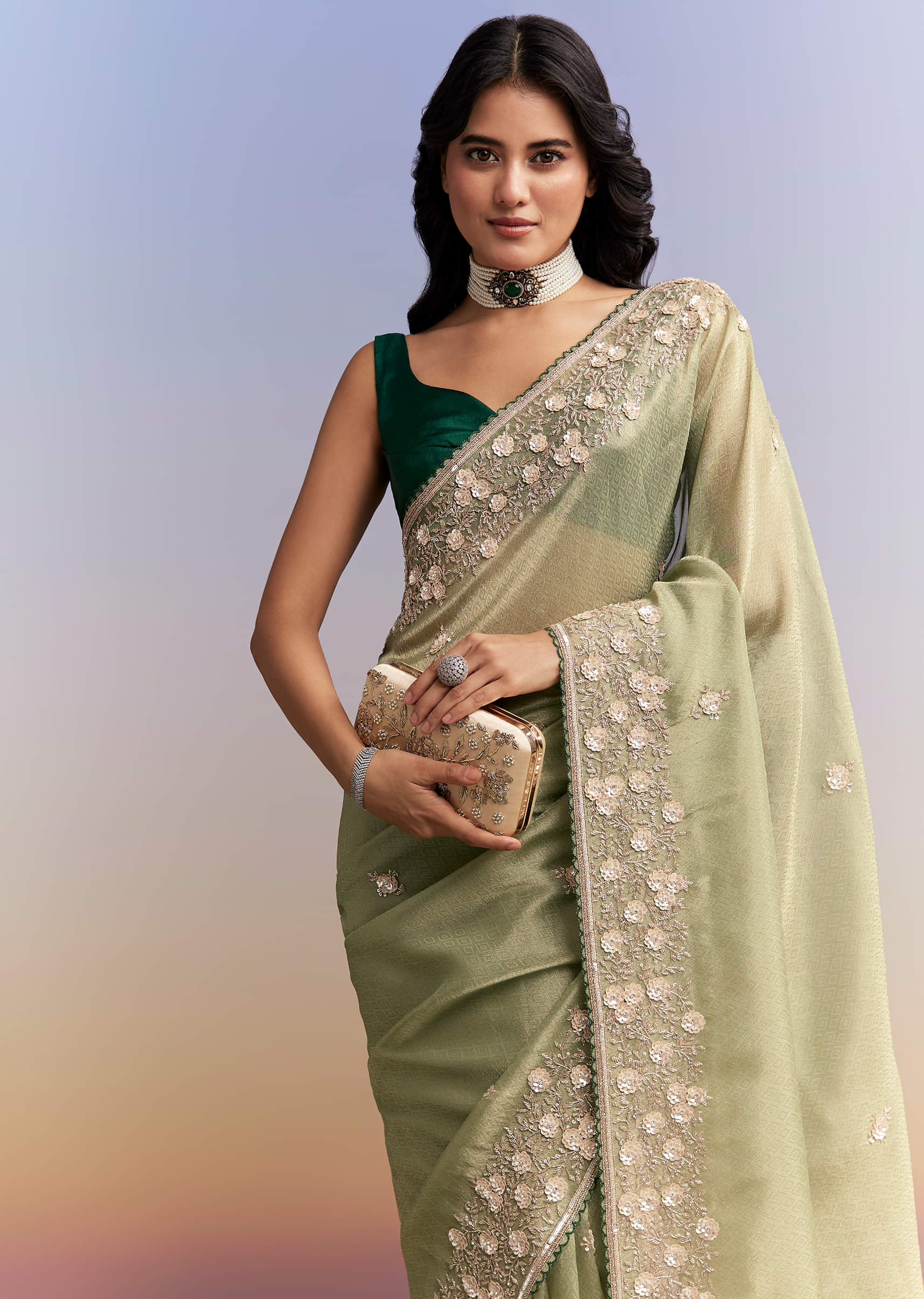 Green Jacquard Tissue Saree With Heavy Hand Embroidery - Image 5