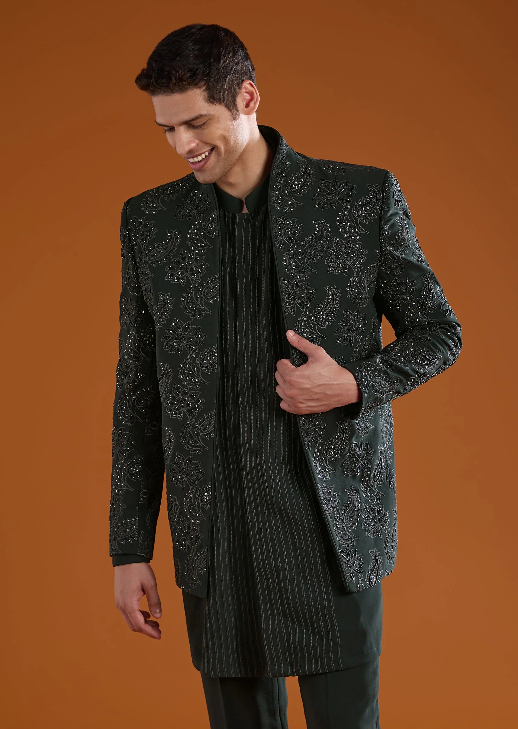 Green Jodhpuri Kurta Set with Sequin Work