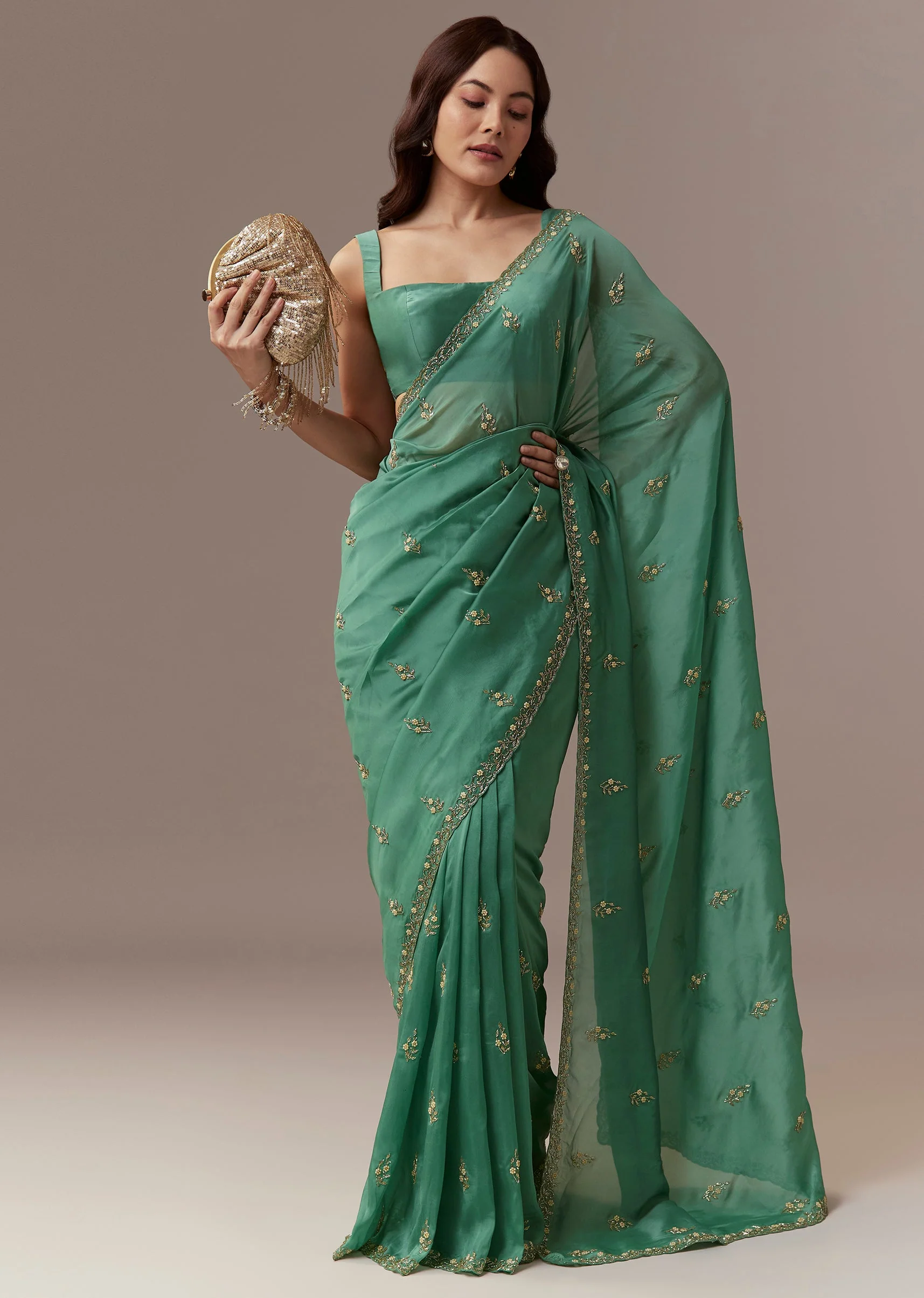 Green Kora Silk Saree With Cutdana Beads And Stone Embroidery
