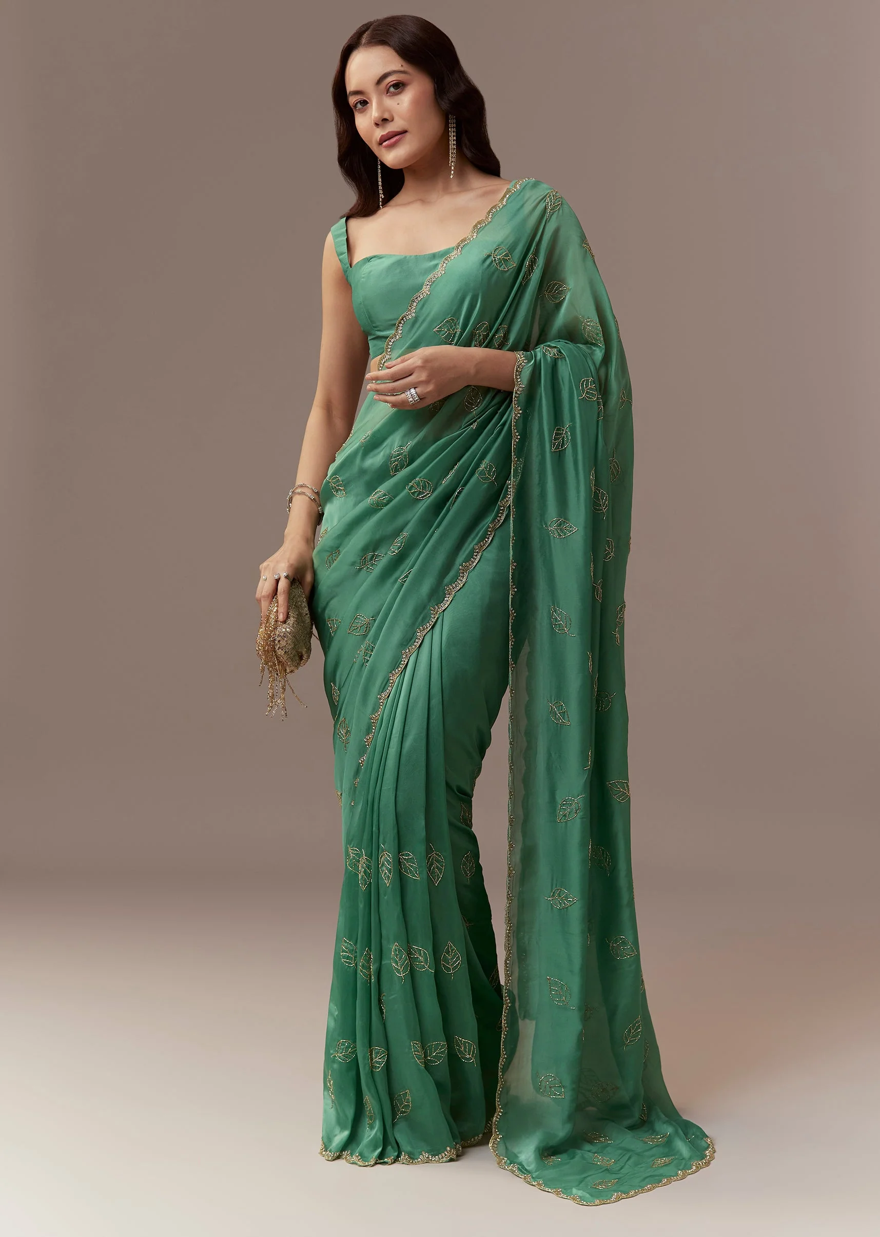 Green Kora Silk Saree With Cutdana Stones And Leaf Motif Embroidery - Image 2