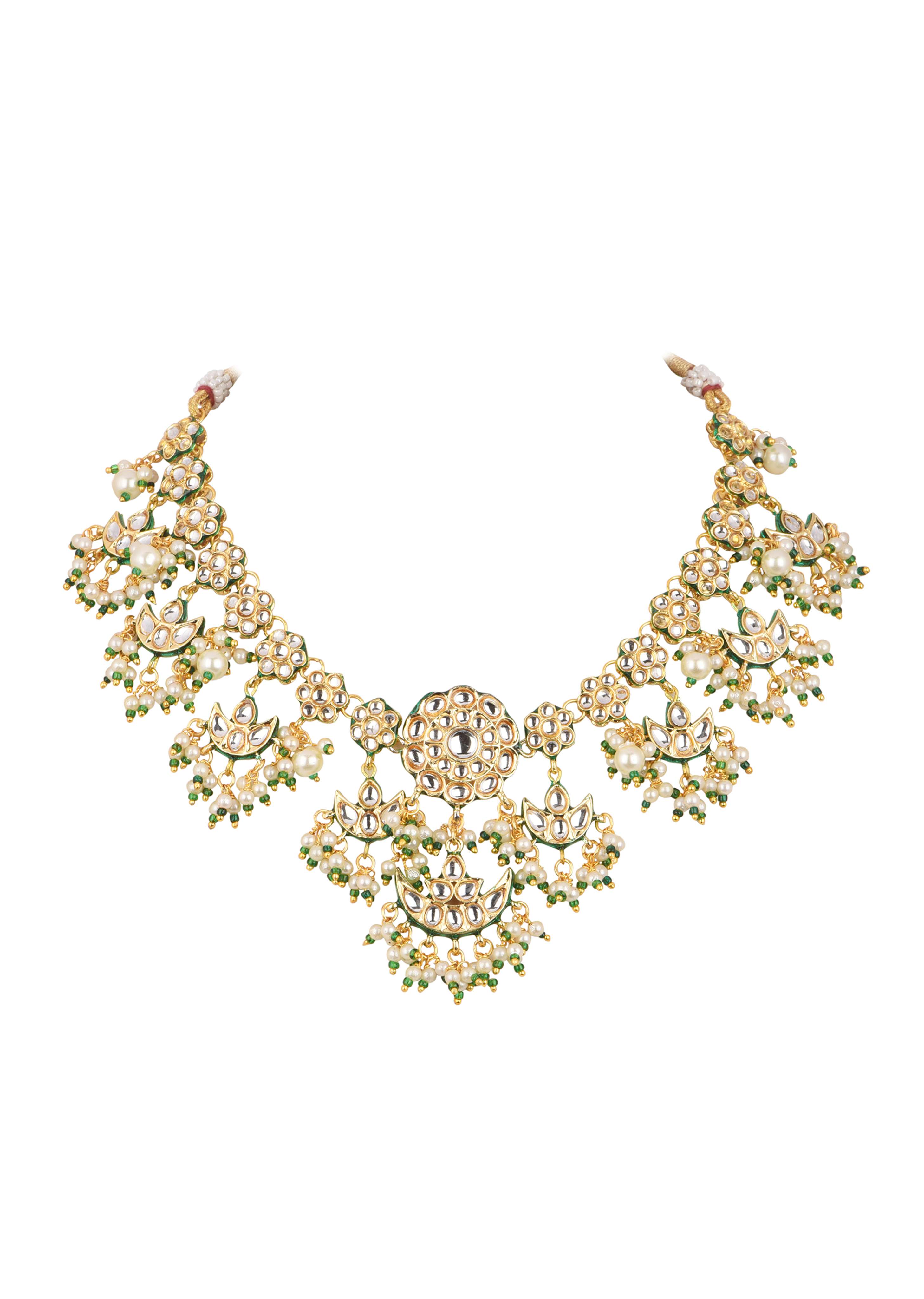 Green Kundan Necklace Set With Chandbalis In Mix Metal - Image 5