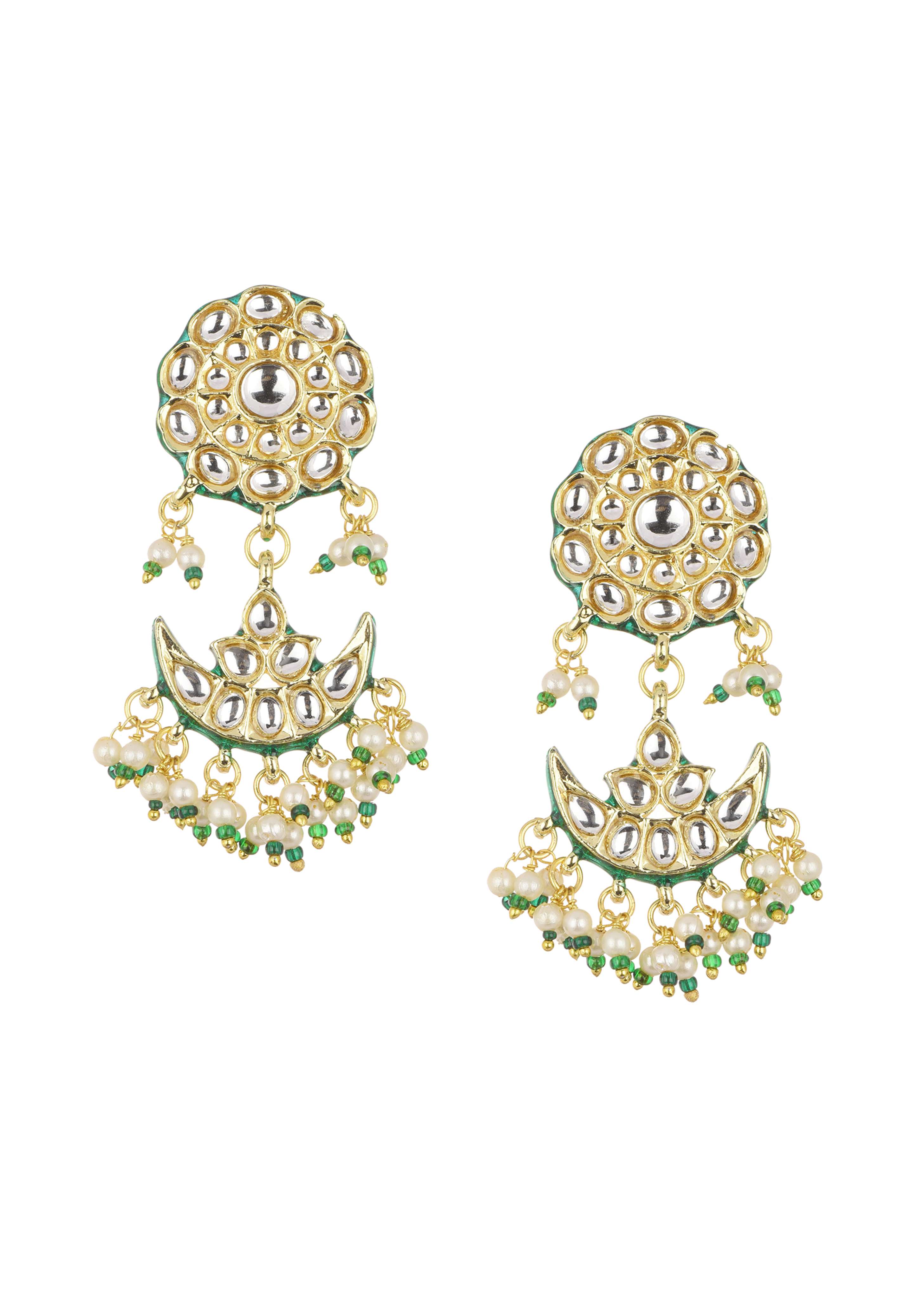 Green Kundan Necklace Set With Chandbalis In Mix Metal - Image 6