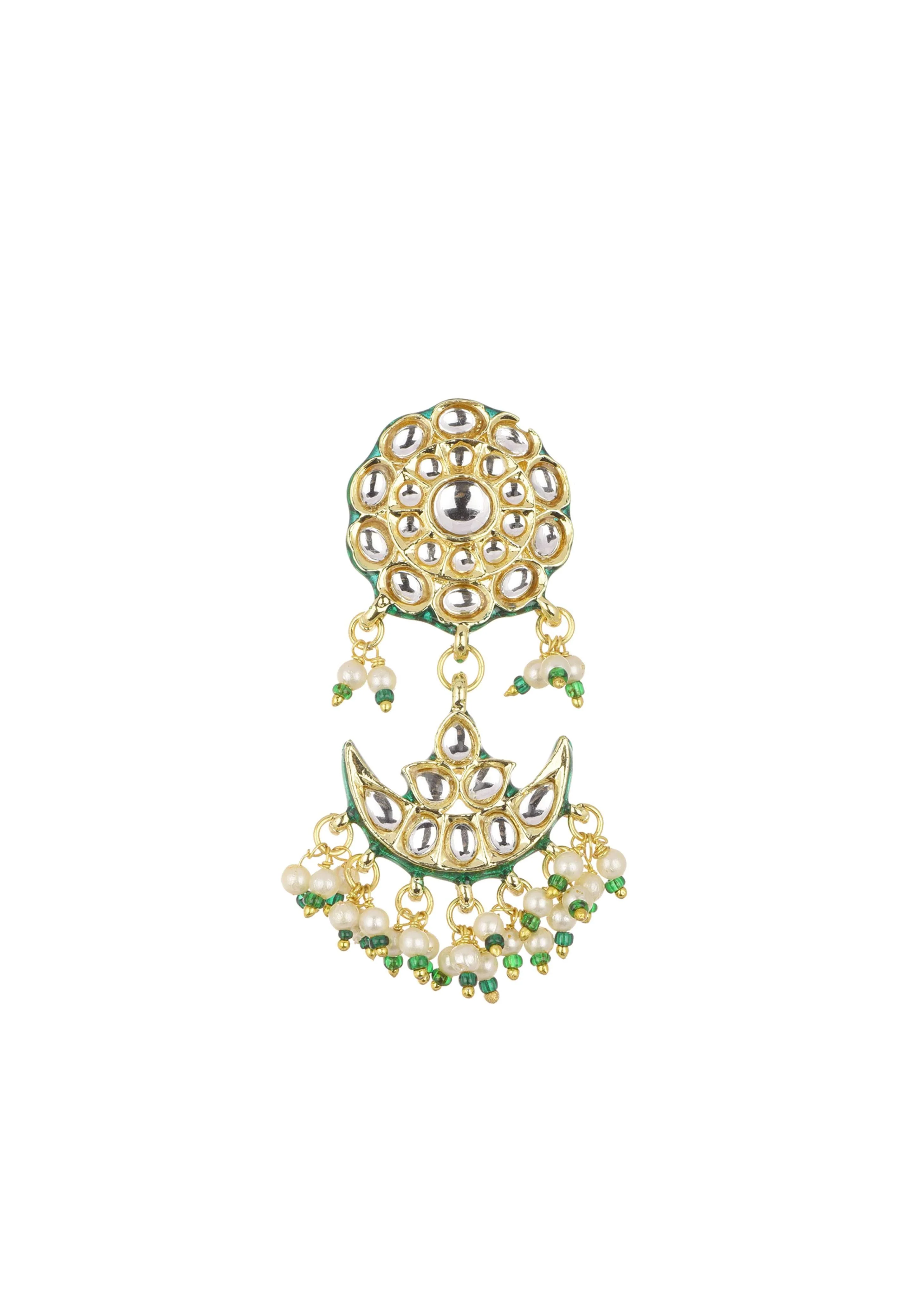 Green Kundan Necklace Set With Chandbalis In Mix Metal - Image 7