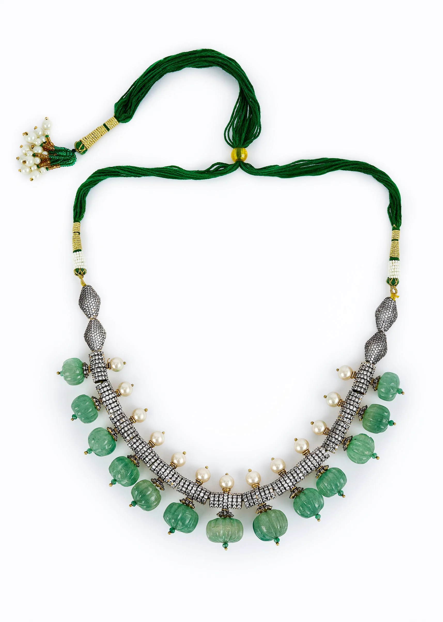 Green Kundan Polki Short Necklace Set With Earrings - Image 3