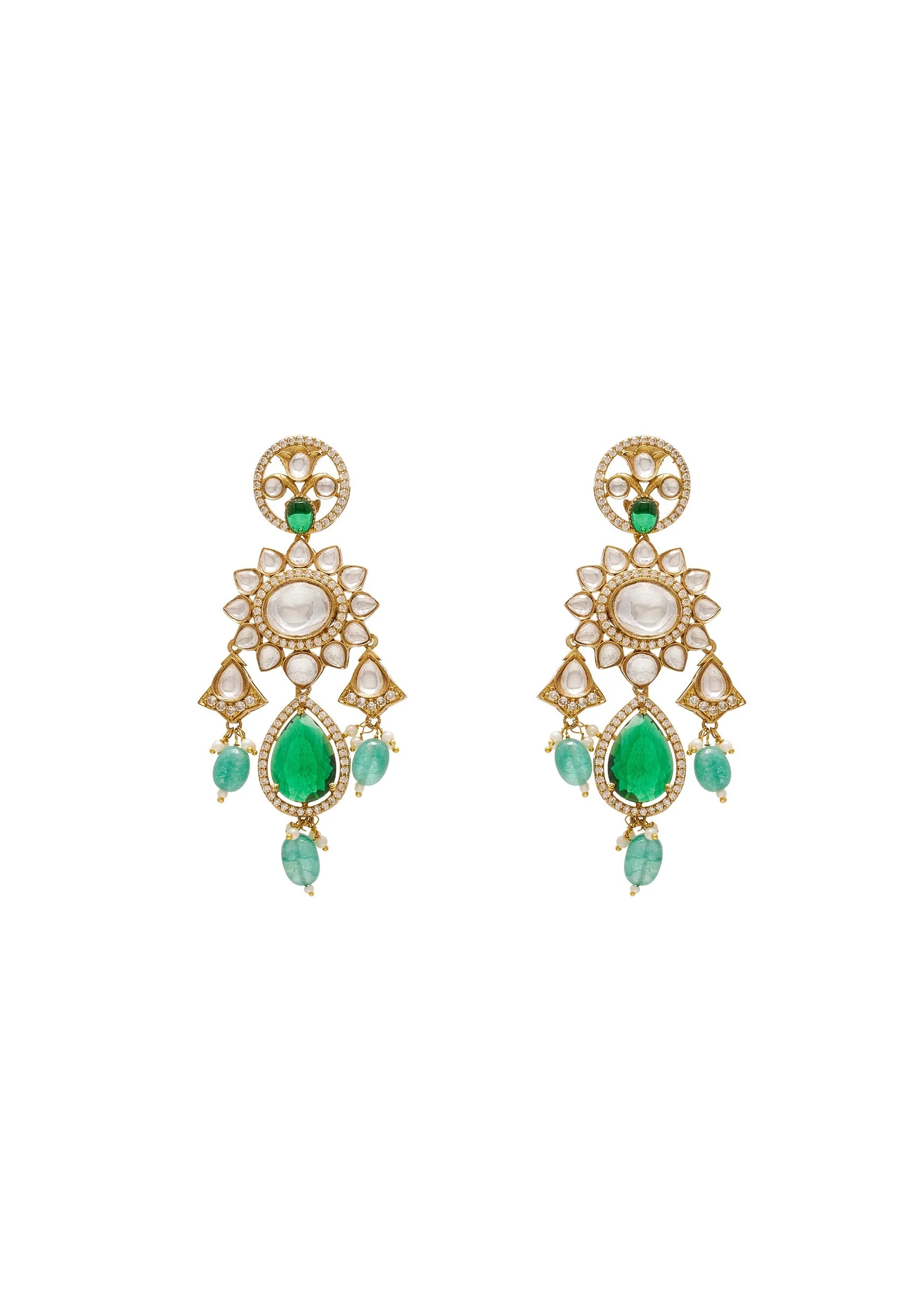 Green Kundan Polki Statement Earrings - Image 2