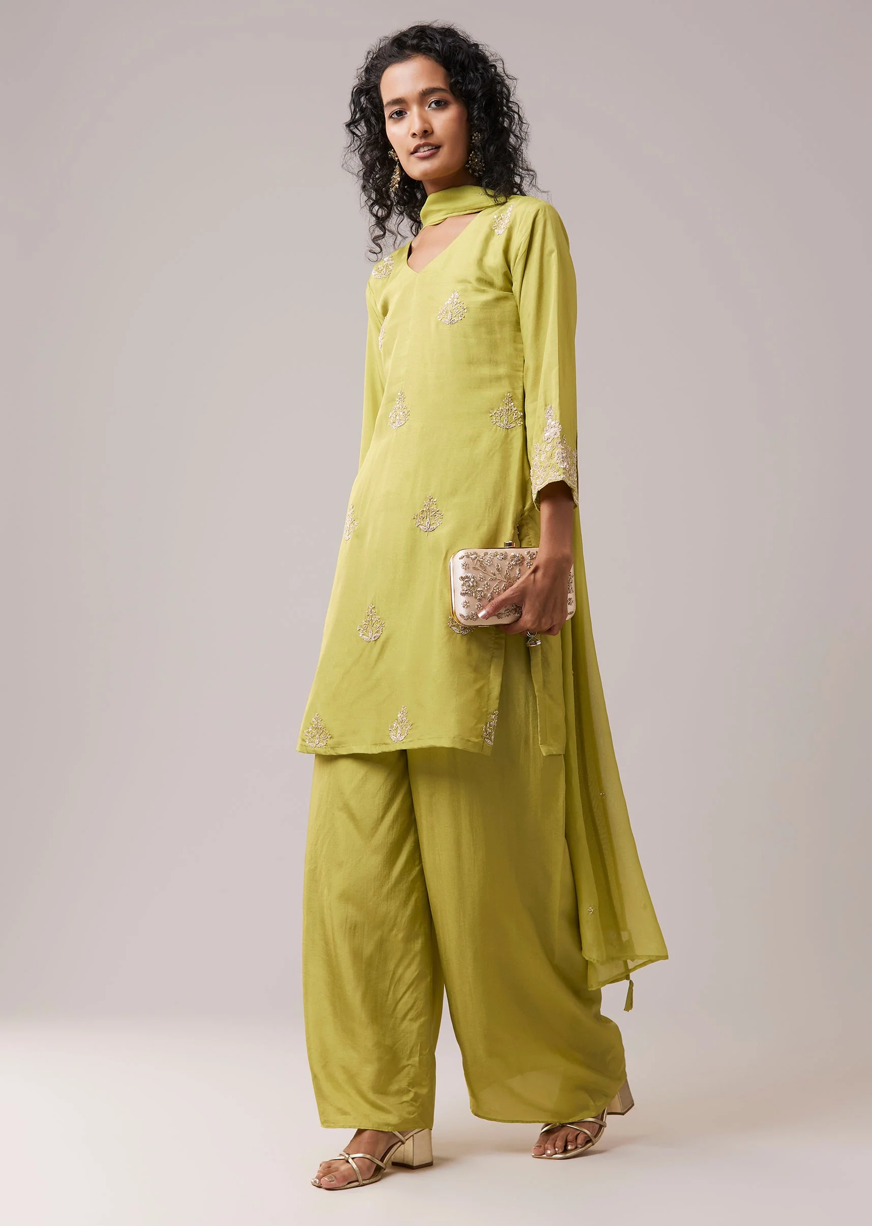 Green Kurta Palazzo Set in Silk with Cutdana Work