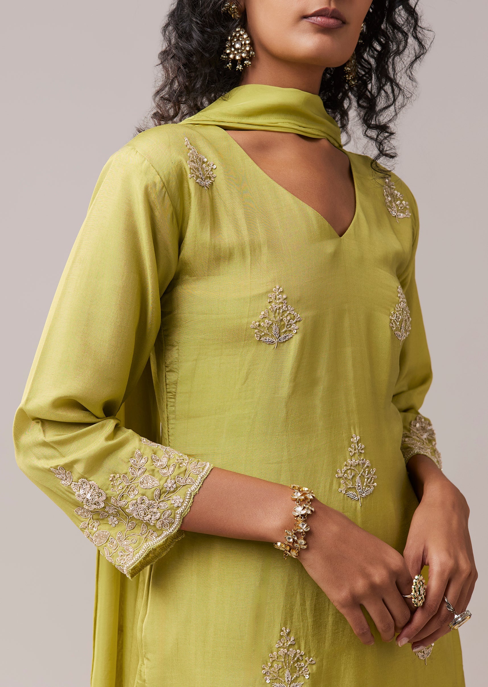 Green Kurta Palazzo Set in Silk with Cutdana Work - Image 2