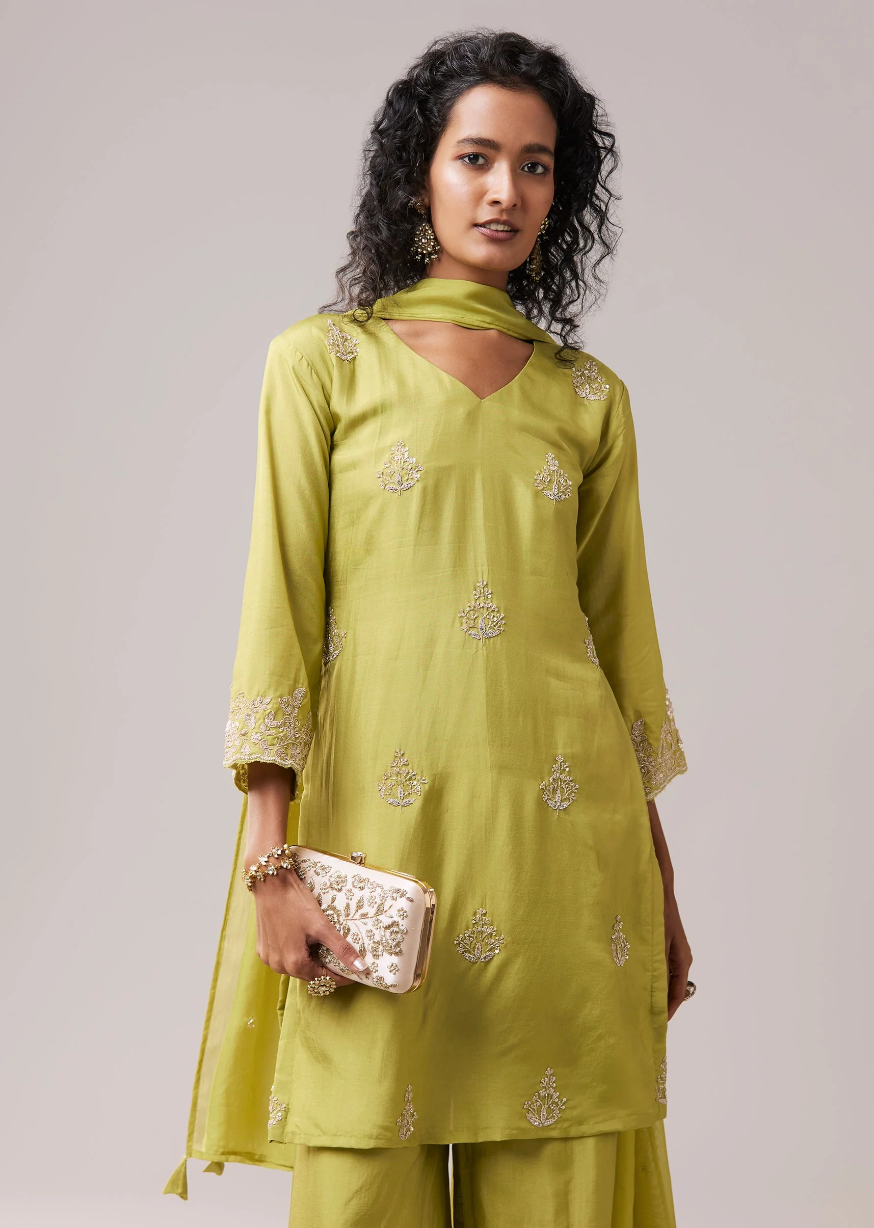 Green Kurta Palazzo Set in Silk with Cutdana Work - Image 4
