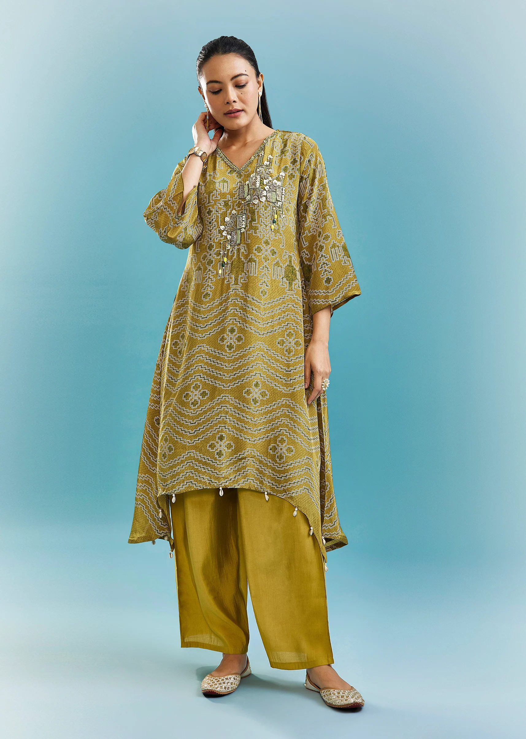 Green Kurta Palazzo Set With Cut Dana, Beads And Sequins Work