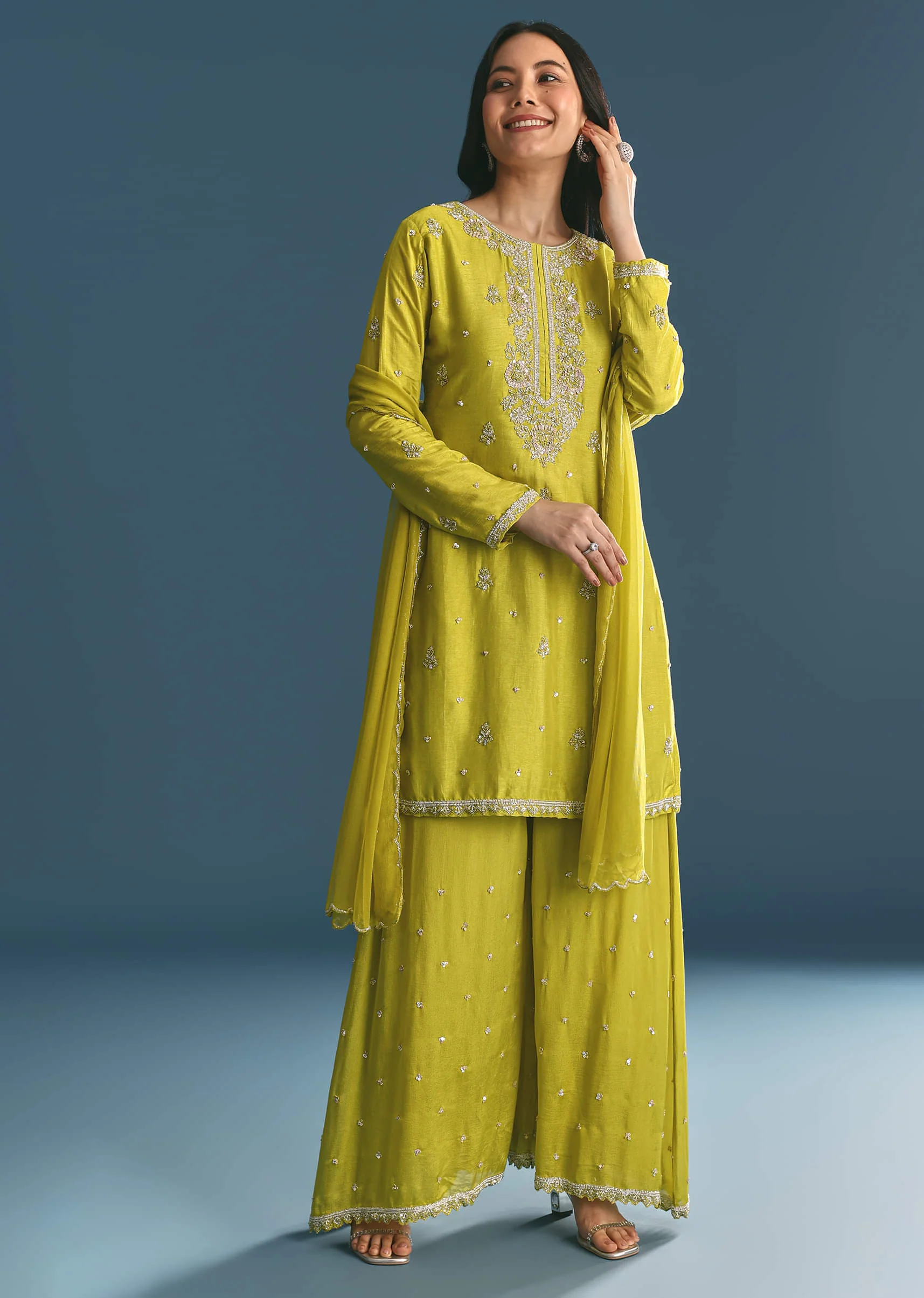 Green Kurta Palazzo Set With Sequins Embroidery - Image 4