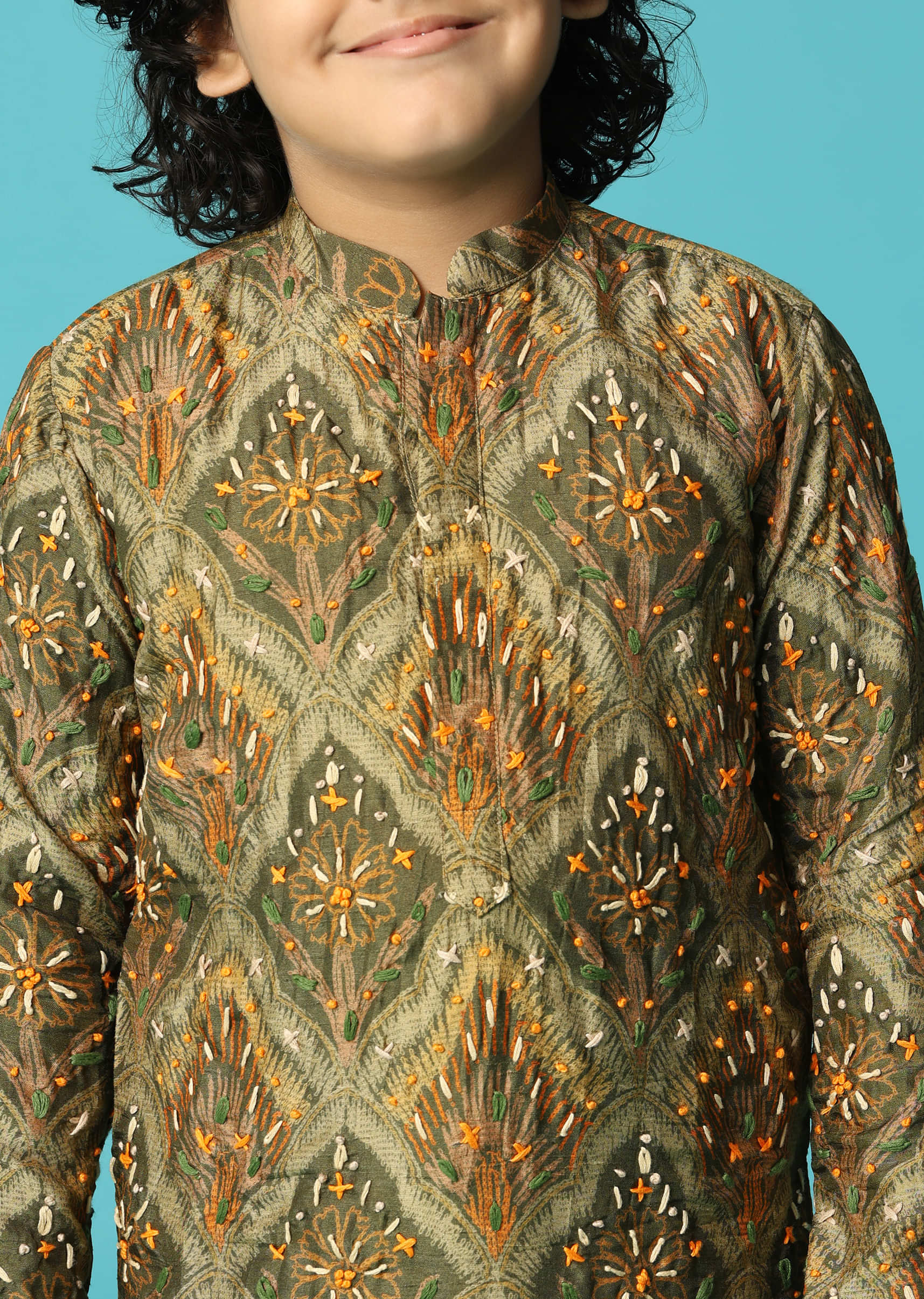 Green Kurta Pant With Resham Work For Boys - Image 3