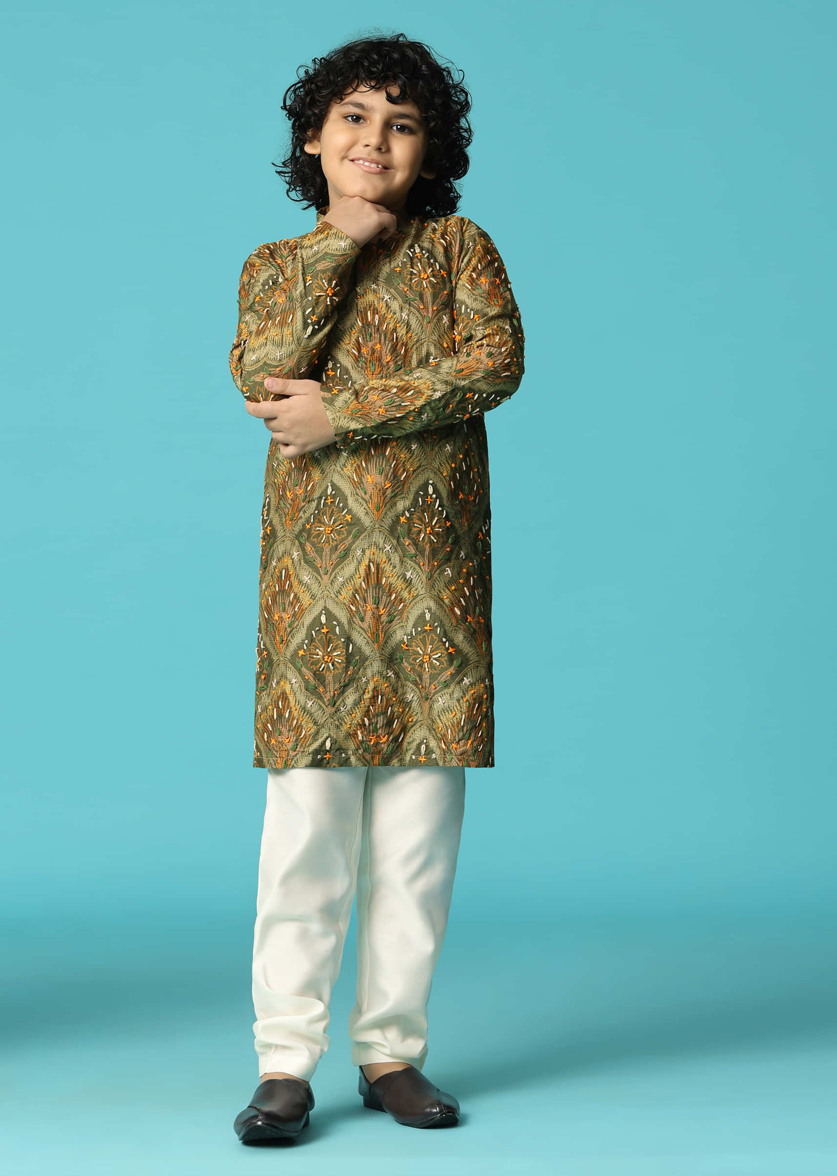 Green Kurta Pant With Resham Work For Boys - Image 4