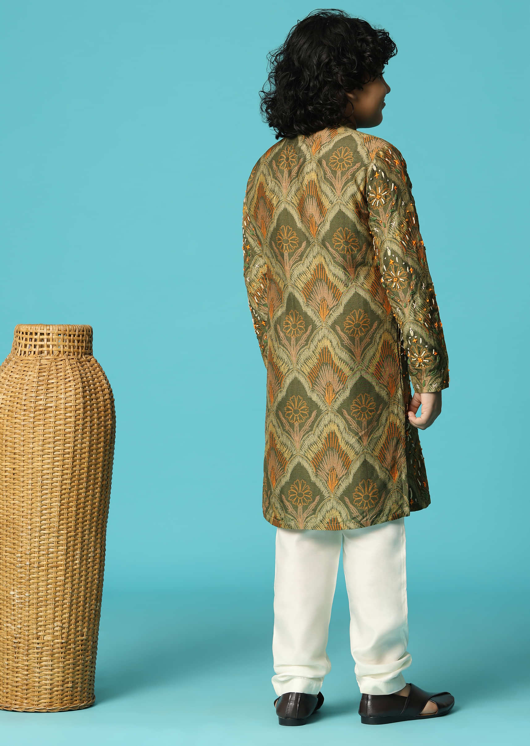 Green Kurta Pant With Resham Work For Boys - Image 5