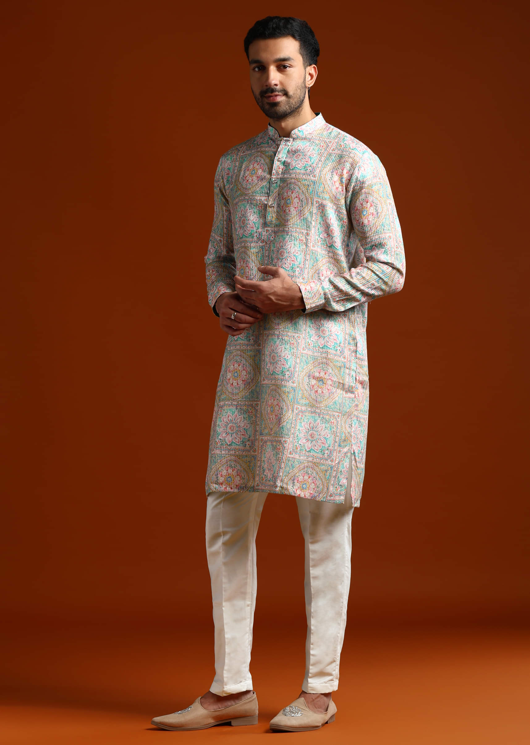 Green Kurta Set For Men With Kantha Work - Image 4