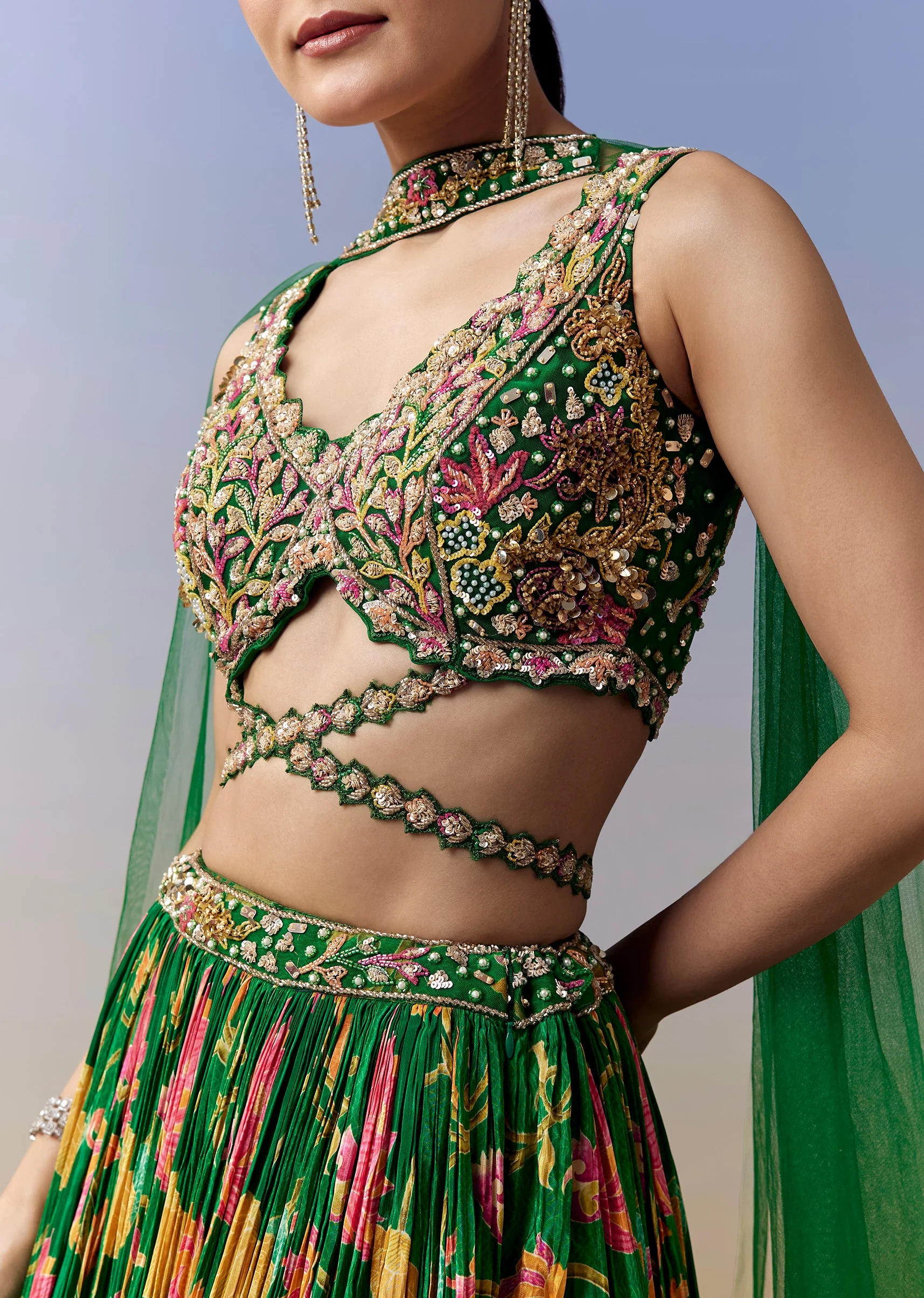 Green Lehenga With Floral Print And Sequins Moti Cut Dana Work - Image 2