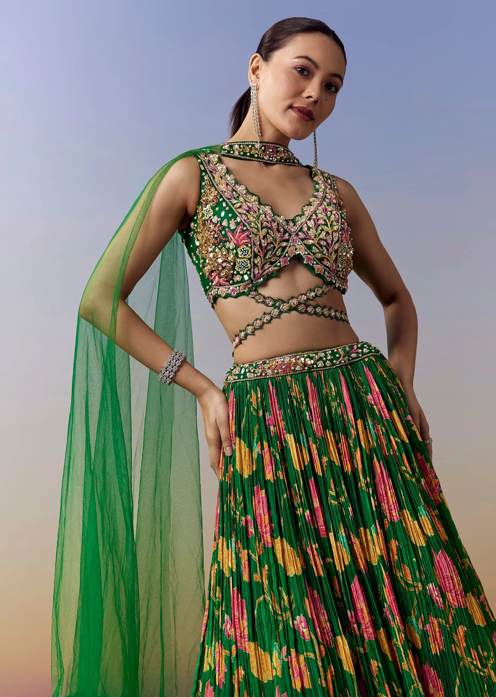 Green Lehenga With Floral Print And Sequins Moti Cut Dana Work - Image 4