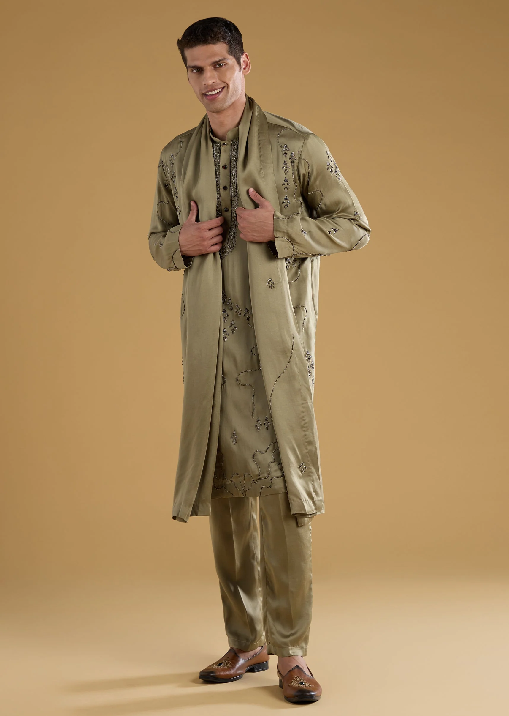Green Linen Blend Silk Embroidered Mens Kurta Set with Dupatta - Image 3