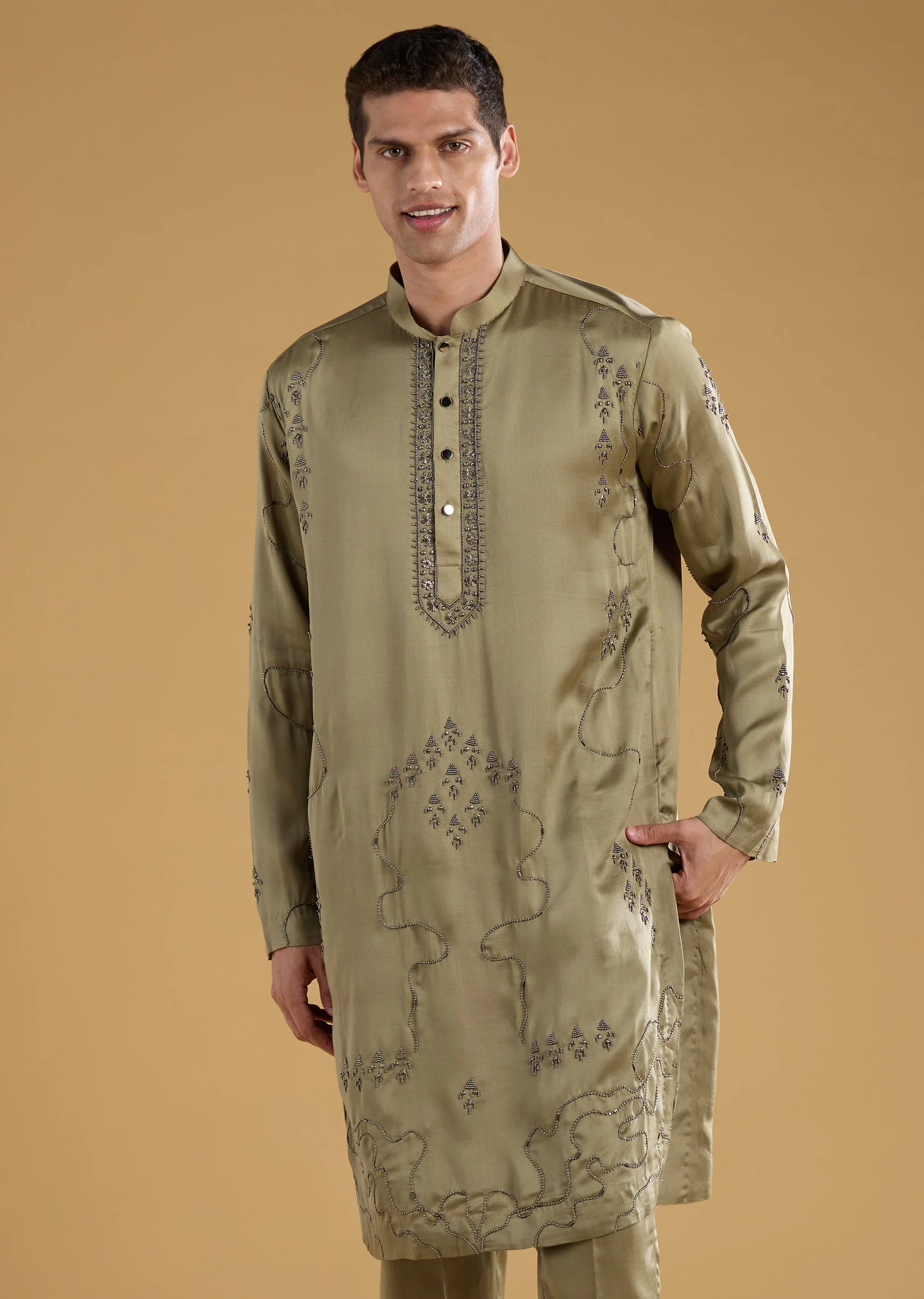 Green Linen Blend Silk Embroidered Mens Kurta Set with Dupatta - Image 6