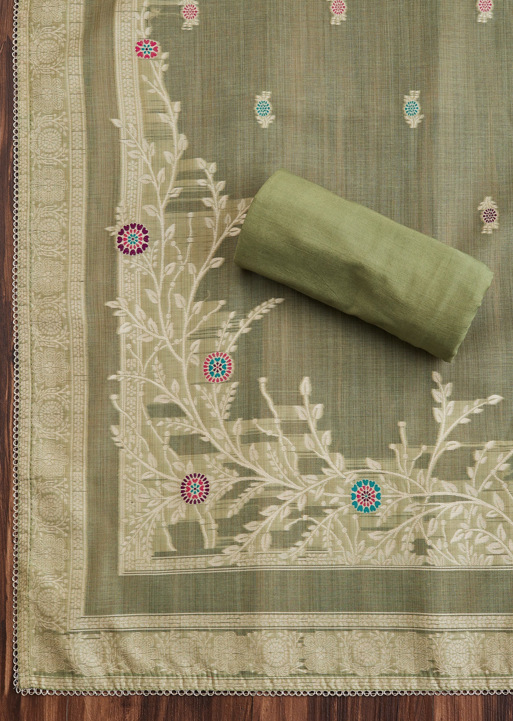 Green Linen Chanderi Unstitched Suit - Image 3
