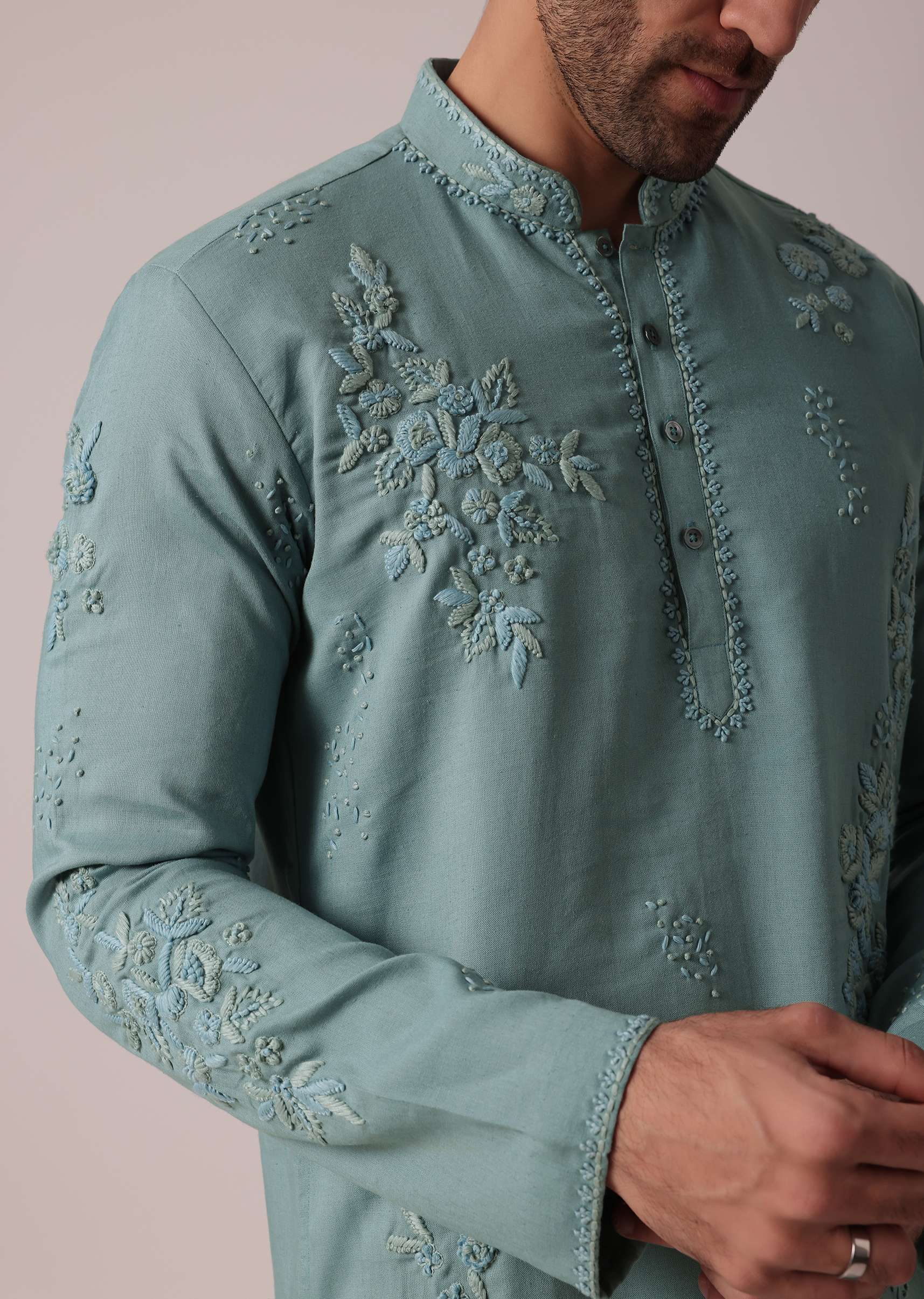 Green Linen Kurta Set For Festive - Image 3