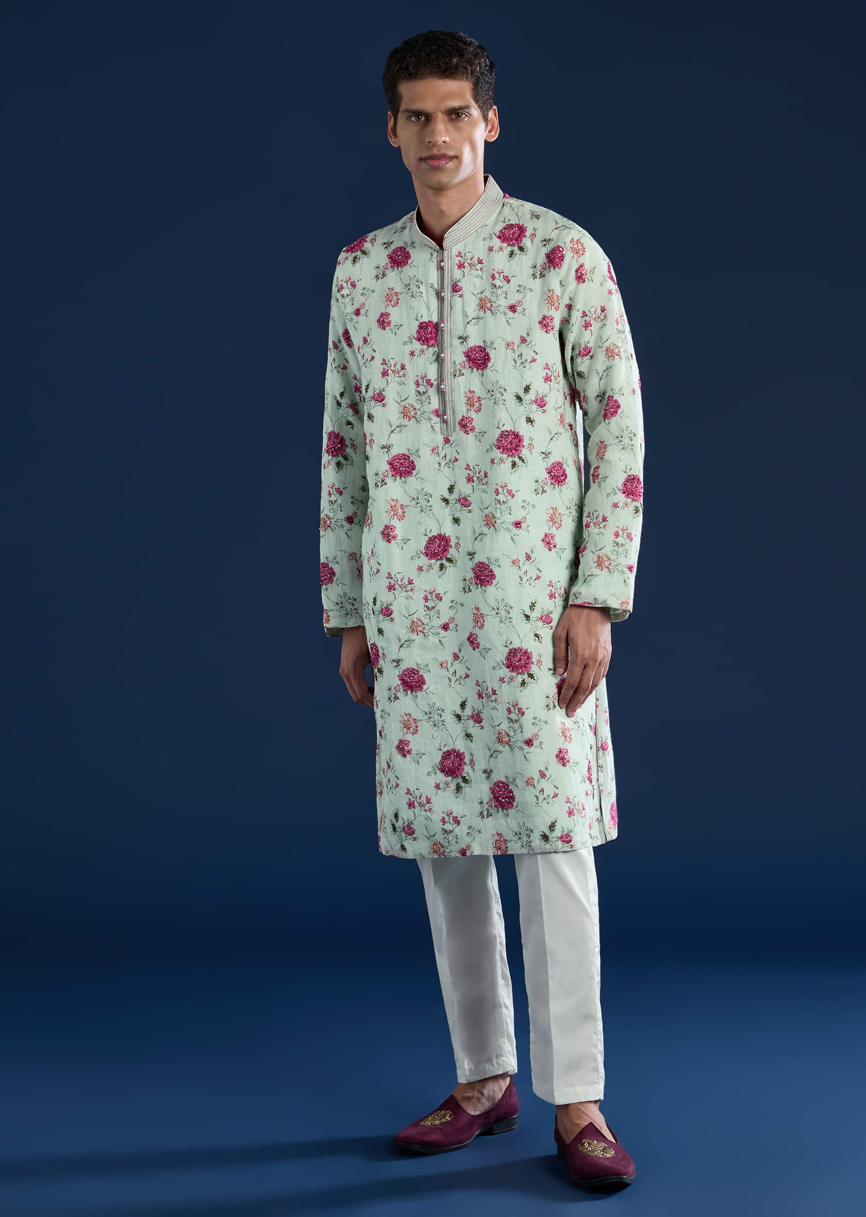 Green Linen Kurta Set with Sequin Work