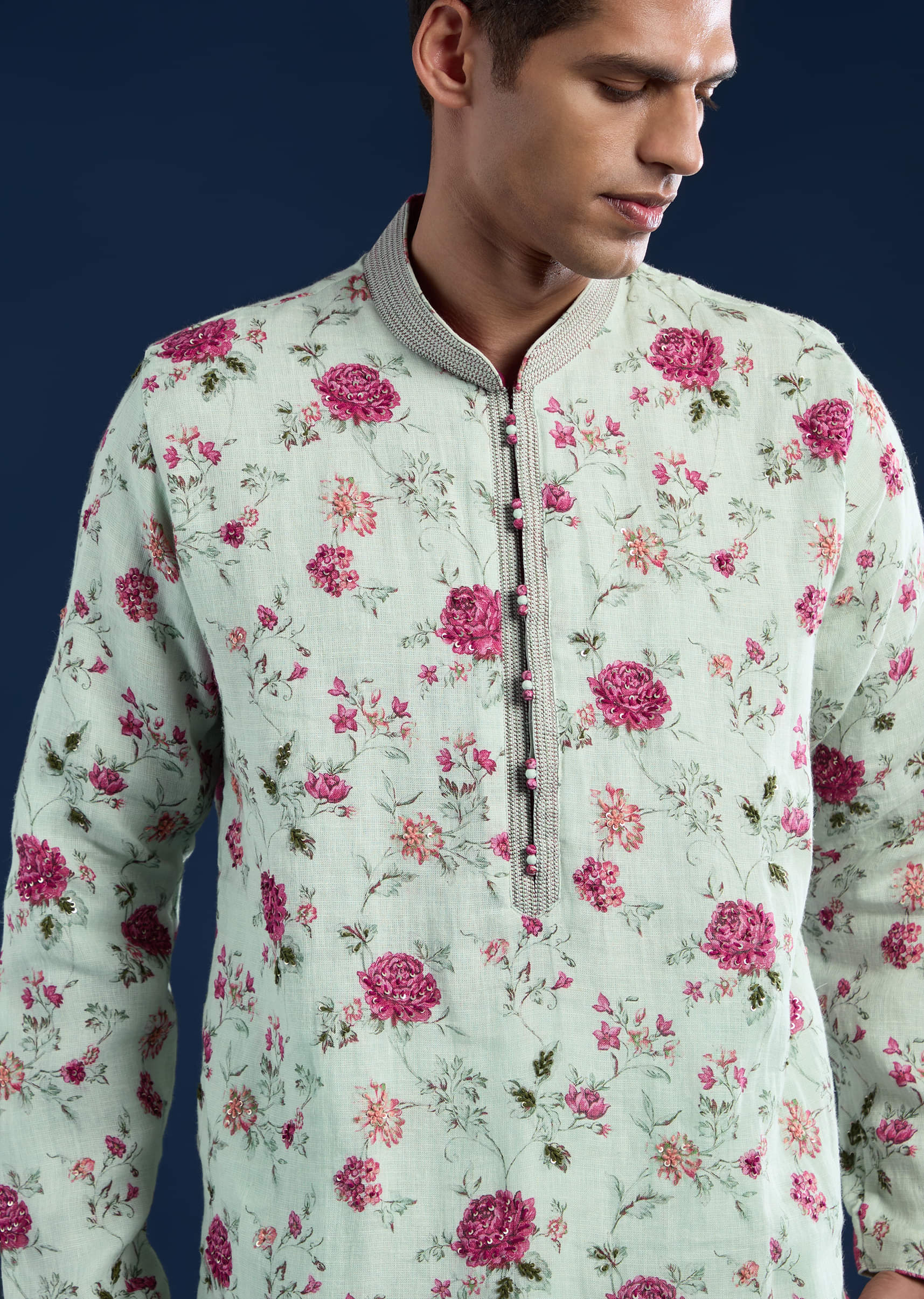 Green Linen Kurta Set with Sequin Work - Image 2