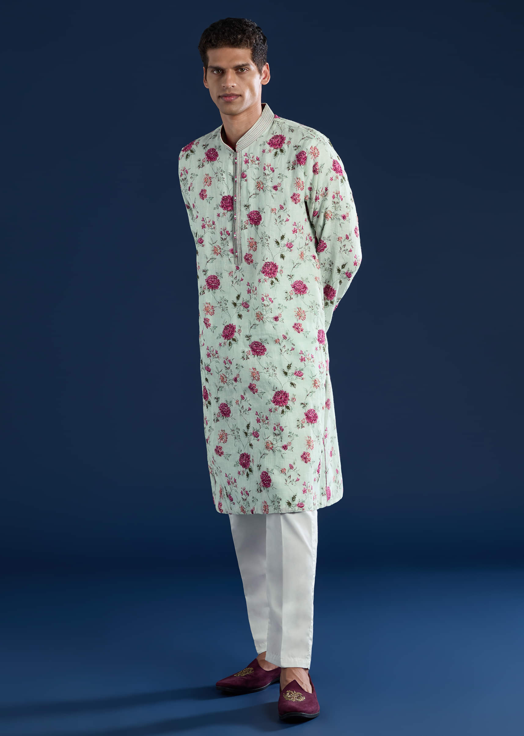 Green Linen Kurta Set with Sequin Work - Image 3