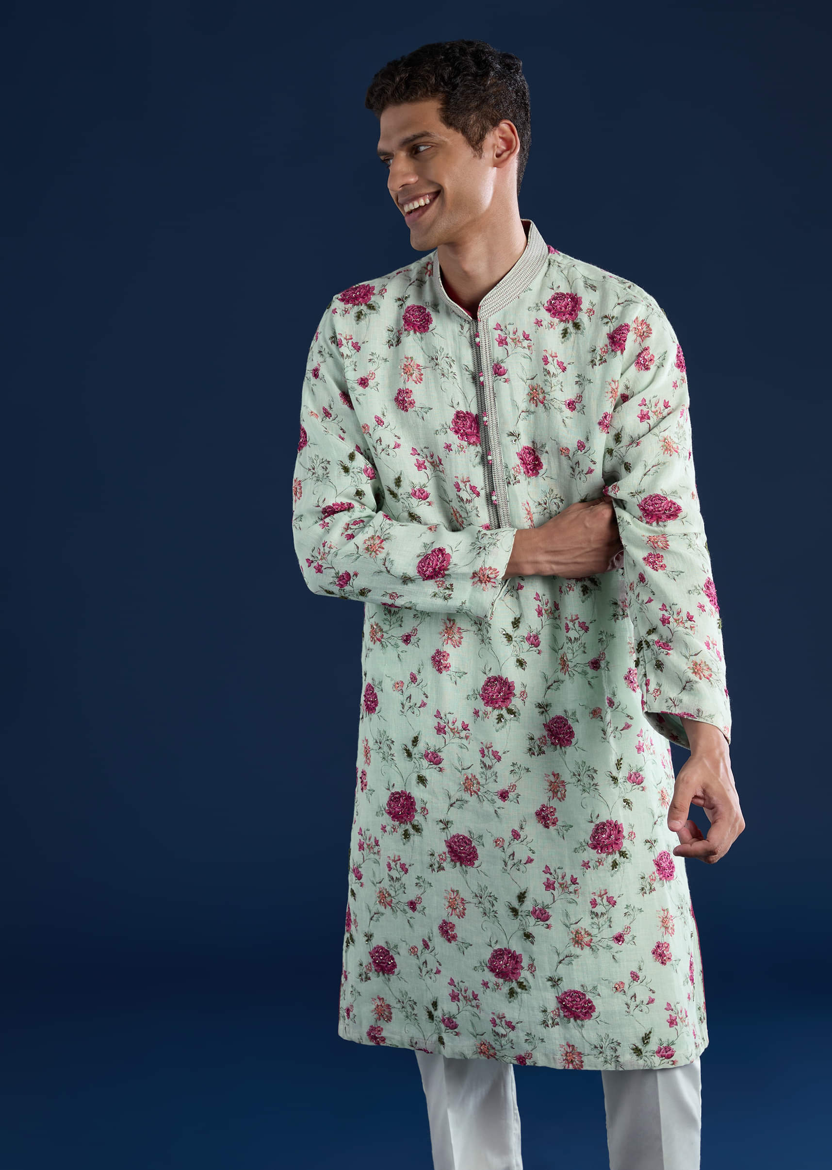 Green Linen Kurta Set with Sequin Work - Image 4