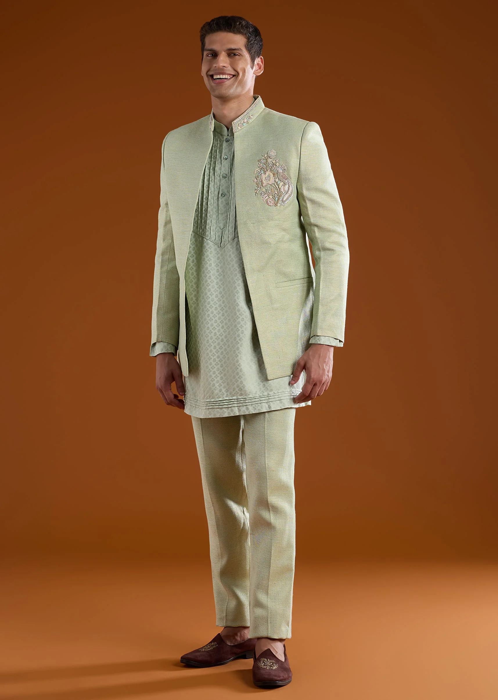 Green Matka silk and Embroidered Jodhpuri Kurta Sets - Image 2
