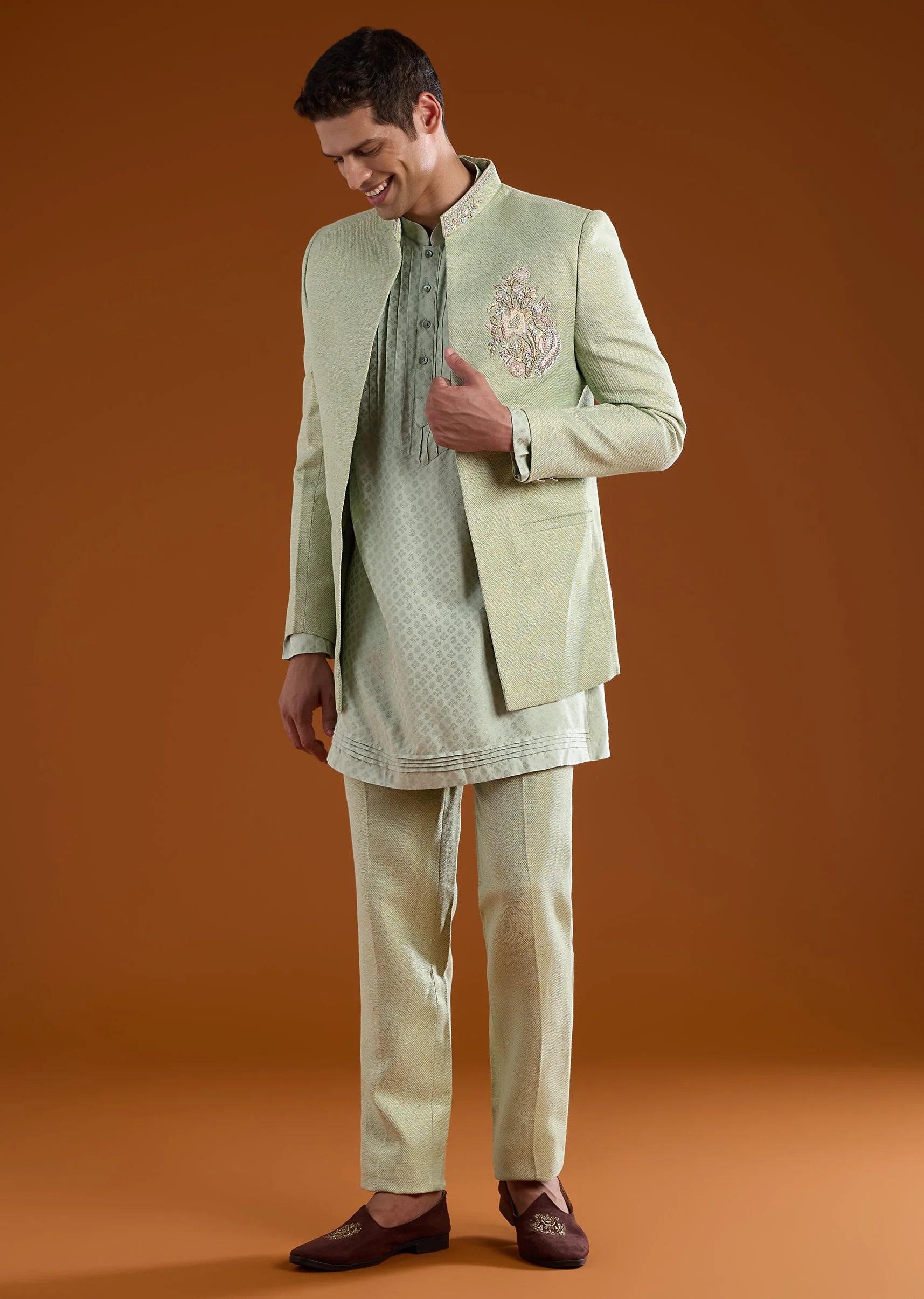 Green Matka silk and Embroidered Jodhpuri Kurta Sets - Image 4