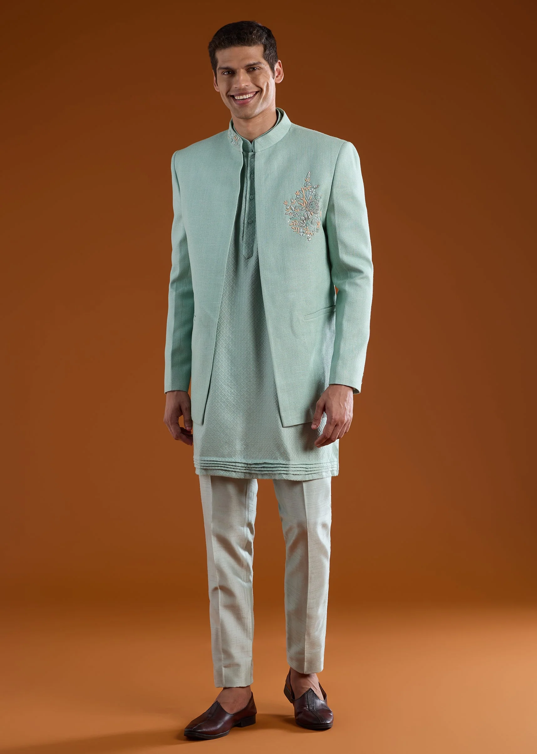Green Matka Silk Embroidered Jodhpuri Kurta Set - Image 4