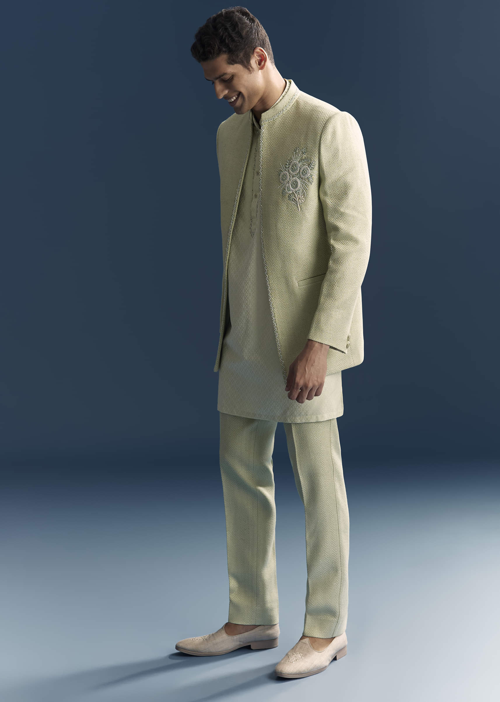 Green Matka Silk Jodhpuri Suit For Men With Hand Embroidery