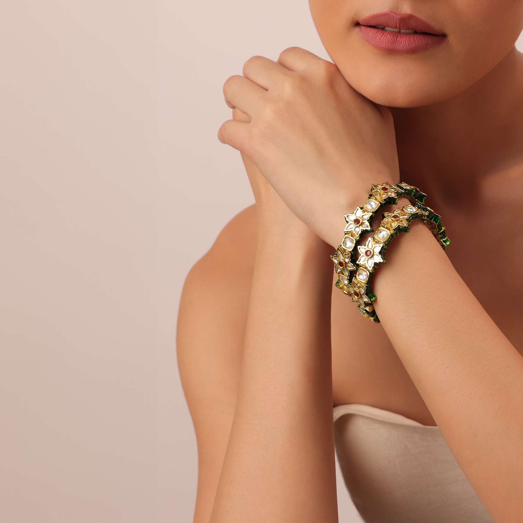 Green Meenakari Bangle With Embellished Kundan And Floral Motifs Set of 2