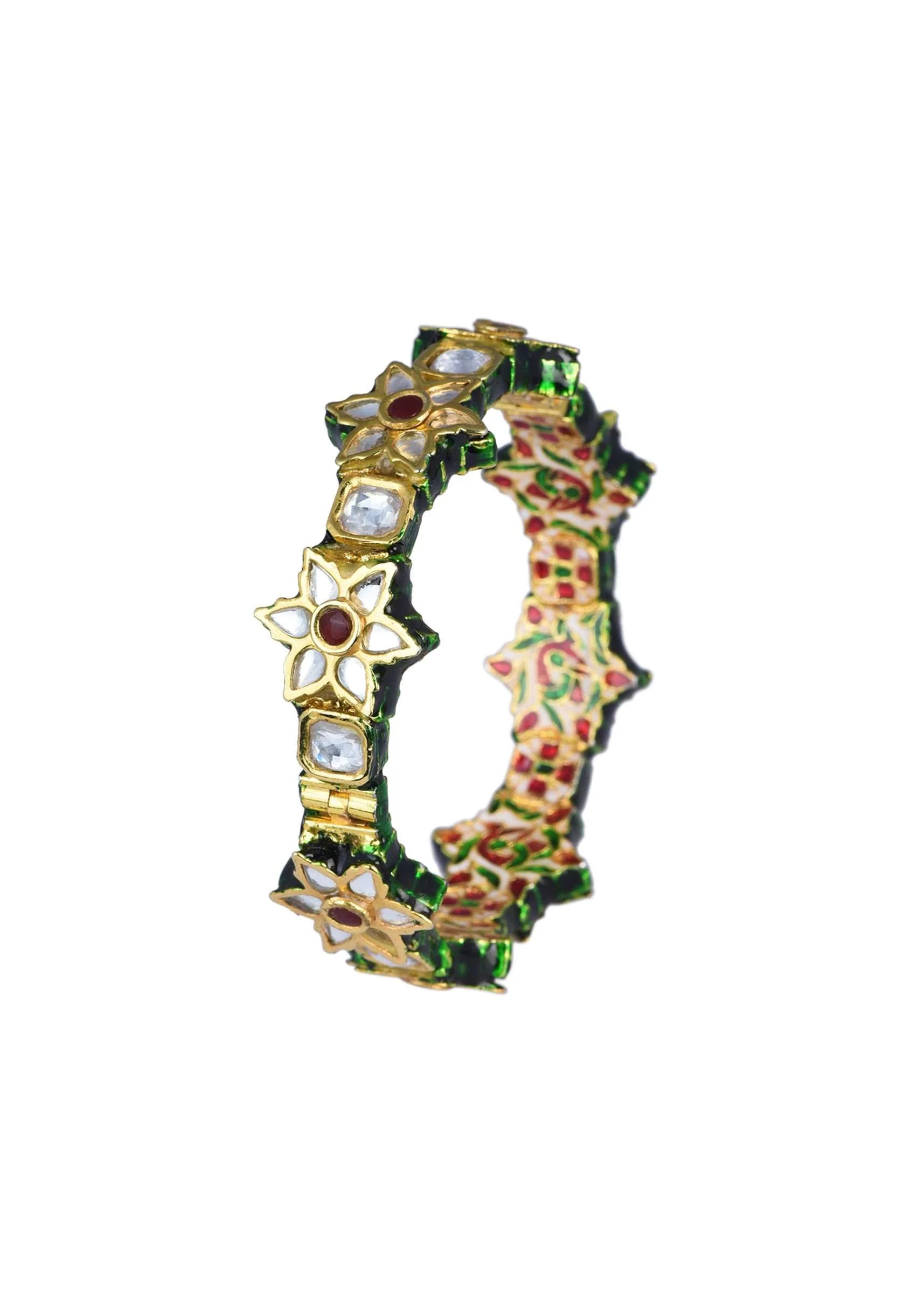 Green Meenakari Bangle With Embellished Kundan And Floral Motifs Set of 2 - Image 2