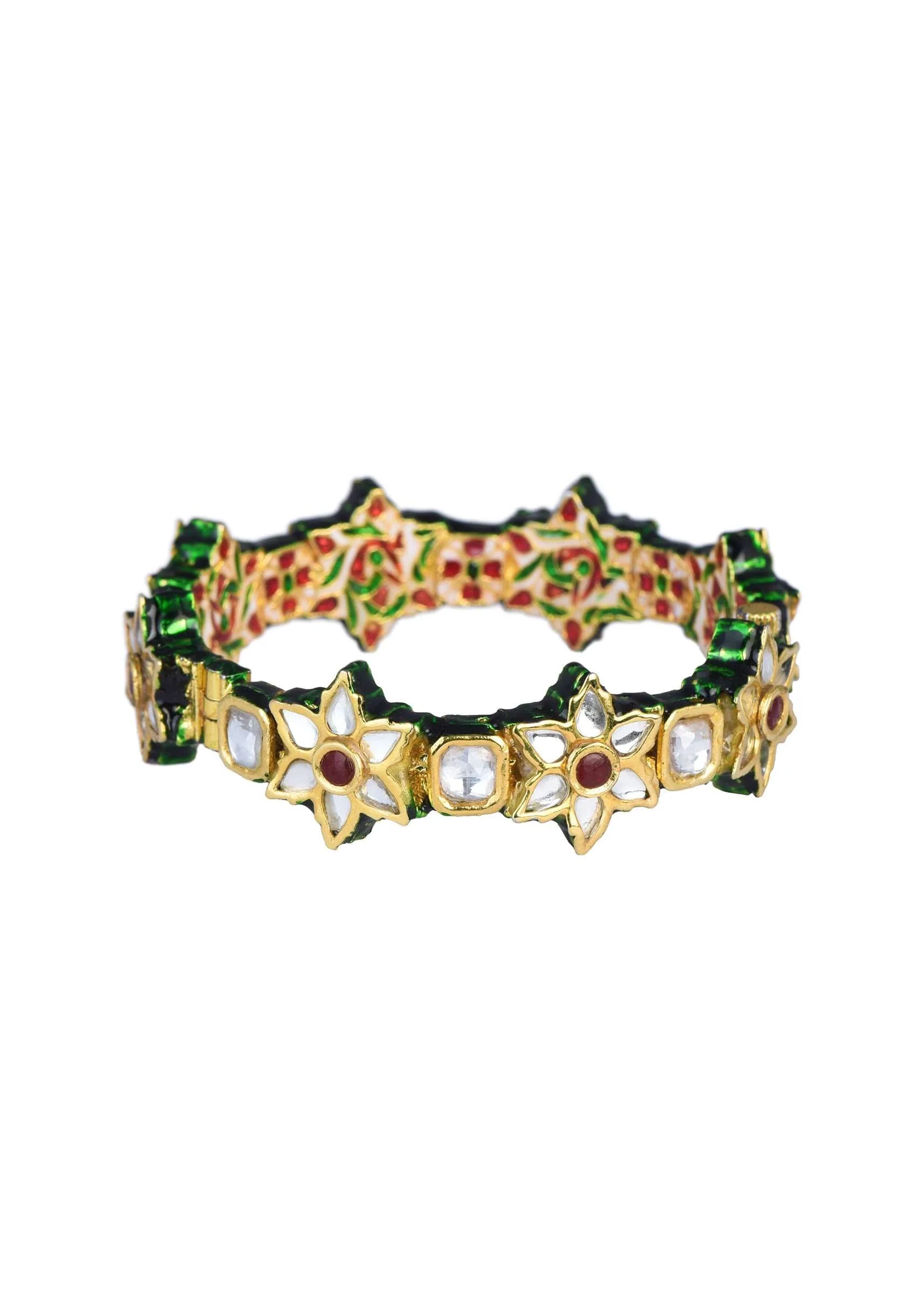 Green Meenakari Bangle With Embellished Kundan And Floral Motifs Set of 2 - Image 3