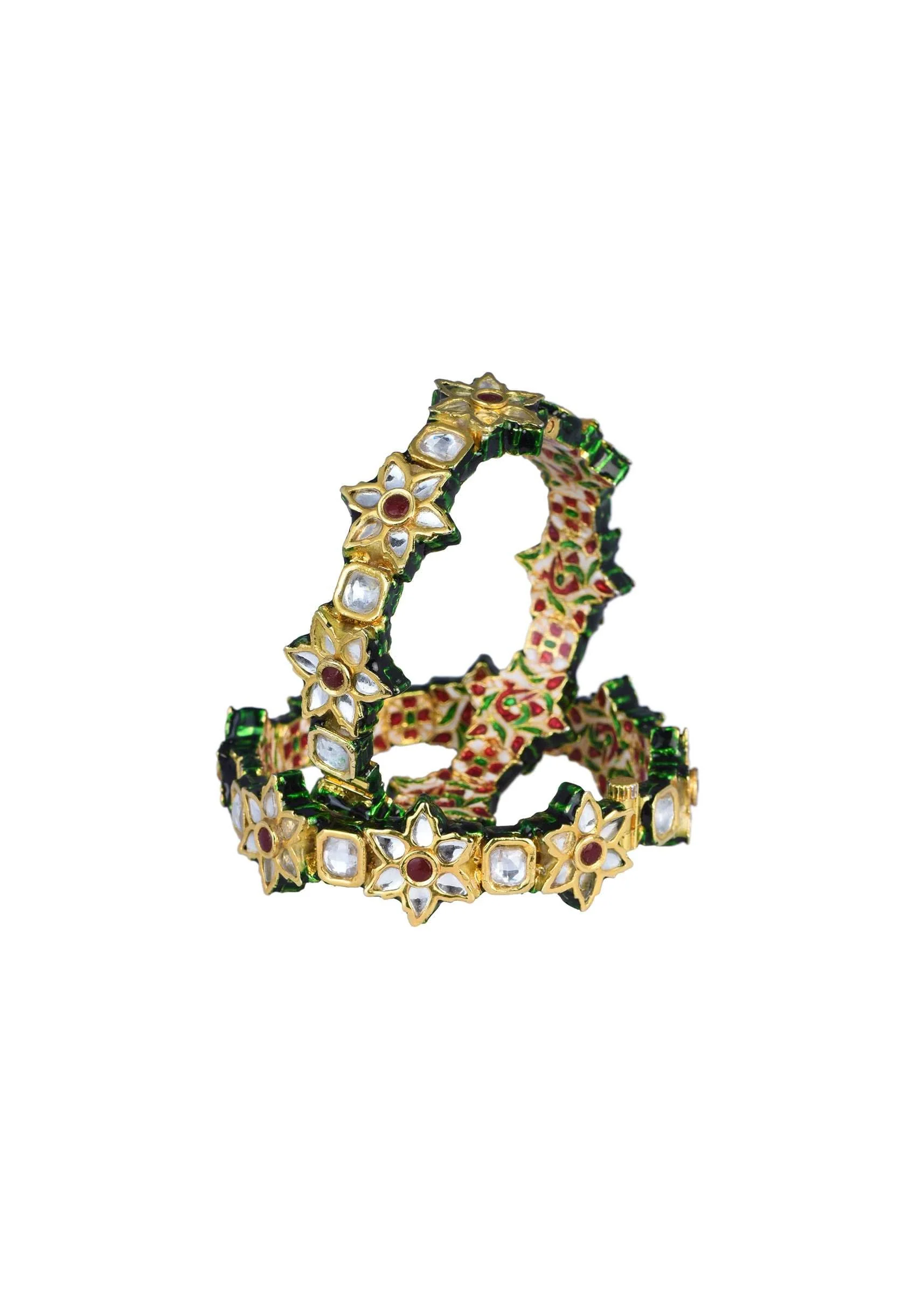 Green Meenakari Bangle With Embellished Kundan And Floral Motifs Set of 2 - Image 4