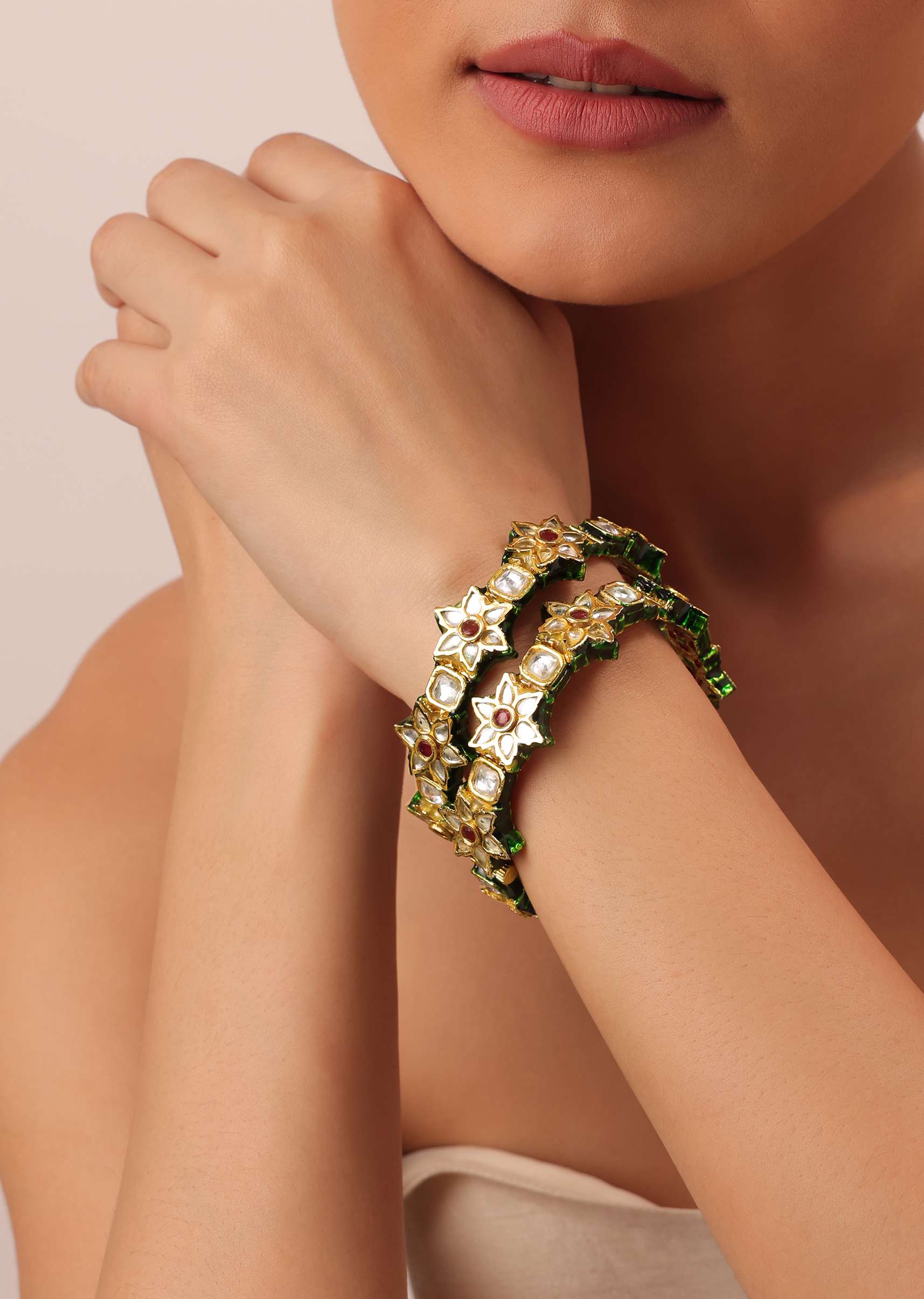 Green Meenakari Bangle With Embellished Kundan And Floral Motifs Set of 2 - Image 5