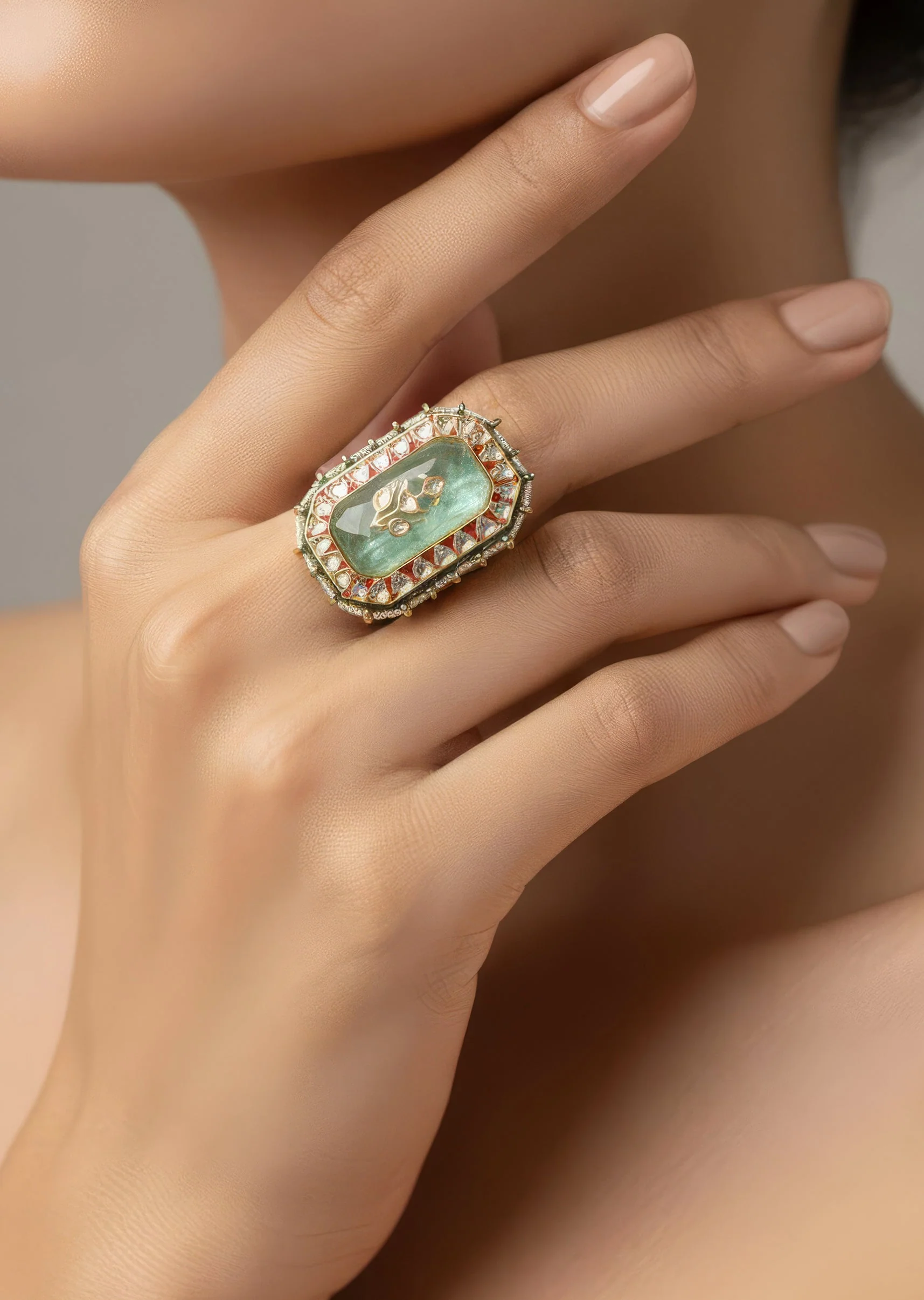 Green Meenakari Floral Motif Kundan Polki Ring